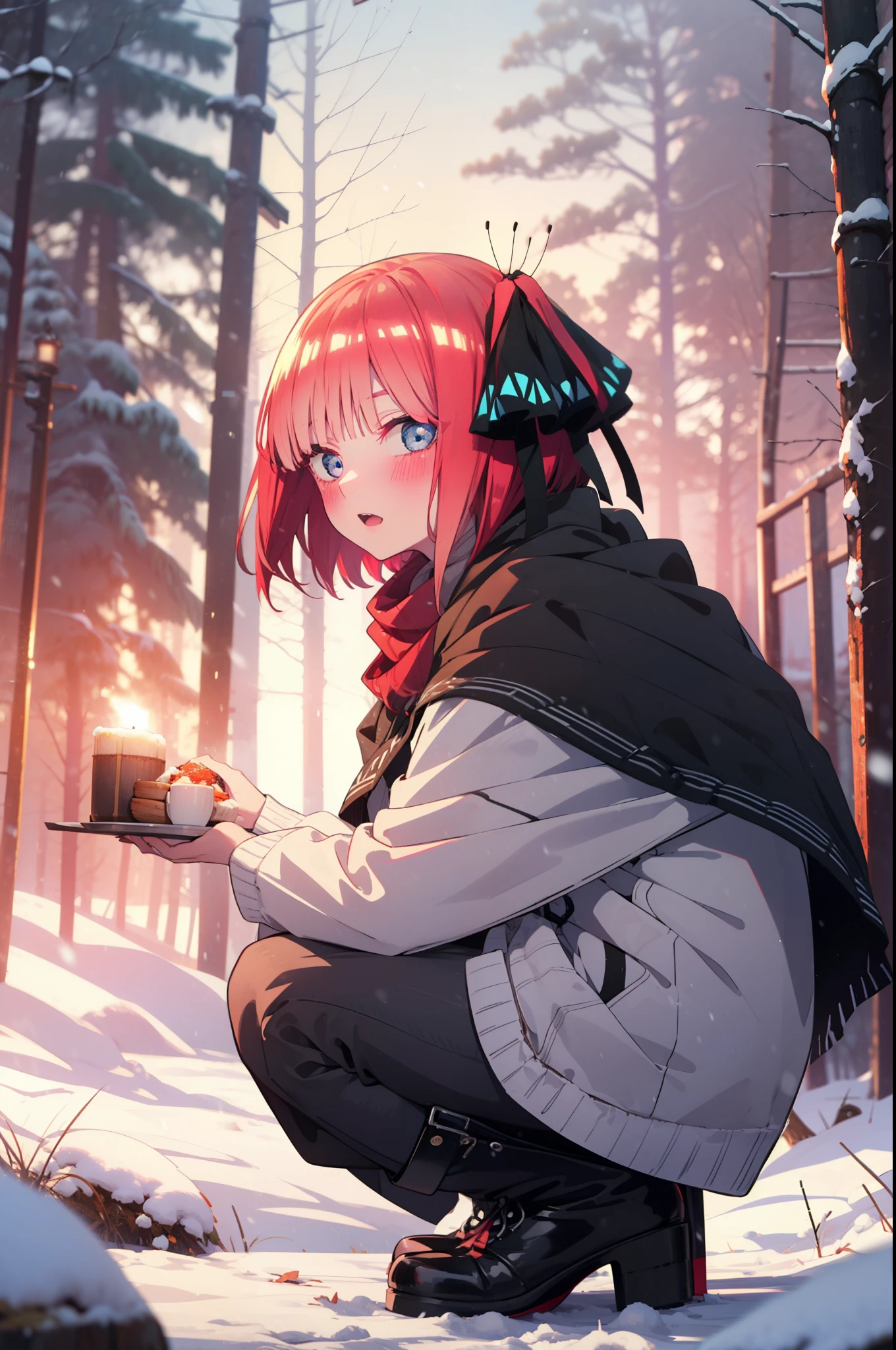 I was silent, Nino Nakano, short hair, bangs, blue eyes, hair ornaments, Hair Ribbon, Pink Hair, blunt bangs, Both sides up, butterfly hair ornaments,smile,blush,White Breath,
Open your mouth,snow,Ground bonfire, Outdoor, boots, snowing, From the side, wood, suitcase, Cape, Blurred, Increase your meals, forest, White handbag, nature, Squat, Mouth closed, フードed Cape, winter, Written boundary depth, Black shoes, red Cape break looking at viewer, Upper Body, whole body, break Outdoor, forest, nature, break (masterpiece:1.2), highest quality, High resolution, unity 8k wallpaper, (shape:0.8), (Beautiful and beautiful eyes:1.6), Highly detailed face, Perfect lighting, Extremely detailed CG, (Perfect hands, Perfect Anatomy),