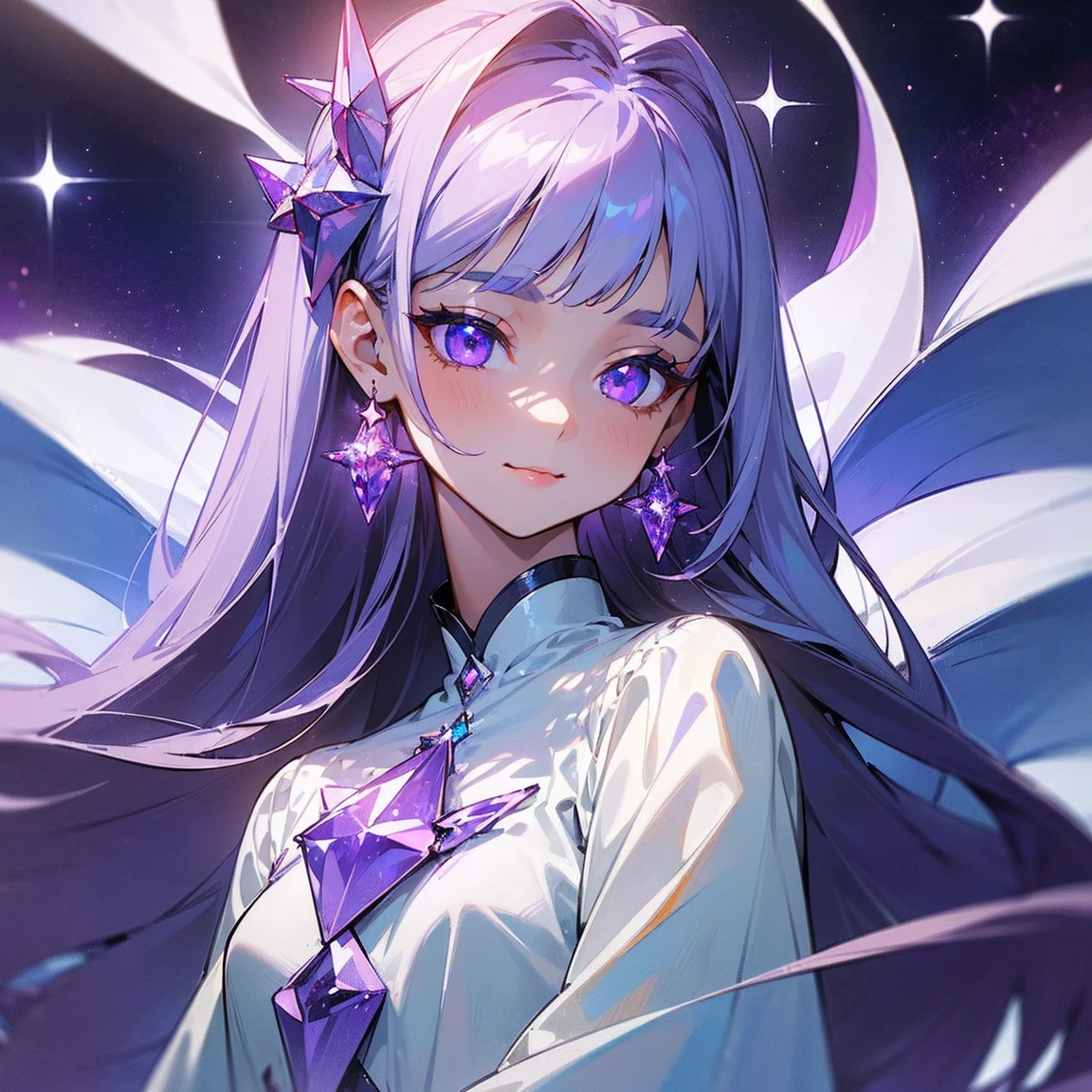 (masterpiece, top quality, best quality, official art, beautiful and aesthetic, absolutely-impressive-detail shadowing:1.2), 1 girl, Goddess, white skin, white blouse with dark purple details, cute, long silky smooth hair, periwinkle hair, very beautiful pretty face, glowing eyes, sparkling detailed crystal clear purple eyes. (small smile:1.2), (beautiful starry background)