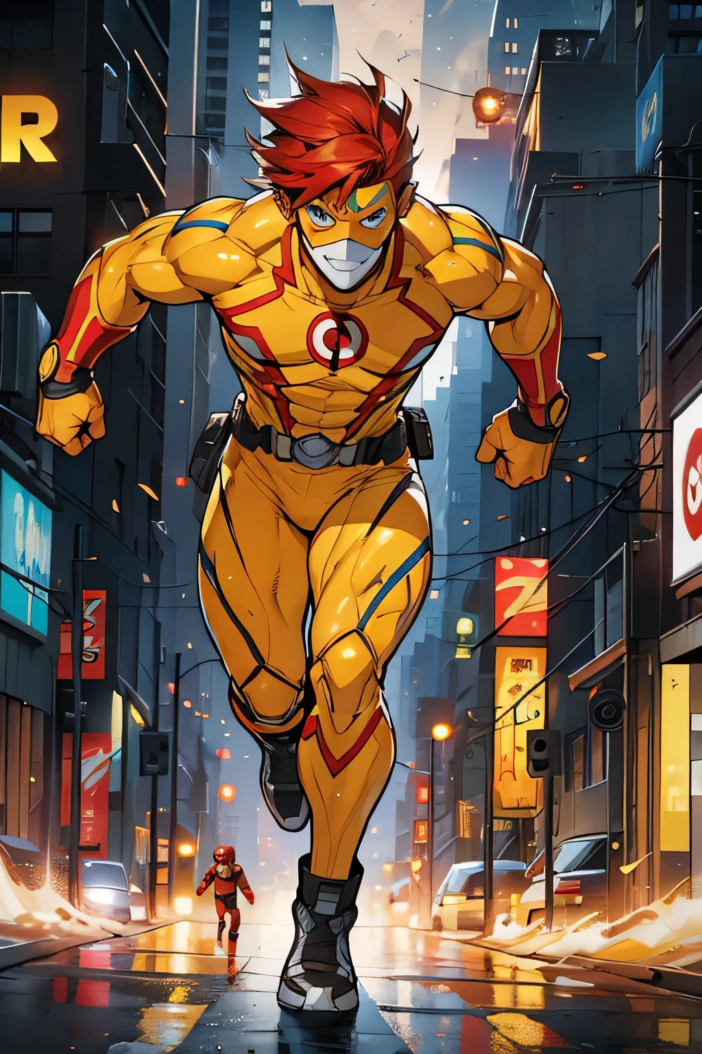 ??? flash in action, MCU, running pose, ultra detail, 8k, Jim Lee art style, DC Comics, seen from the front, smile on face, hunk, tall, red hair, white skin, yellow costume, skinny, background city, white skin color, mask on open face, blue eyes
