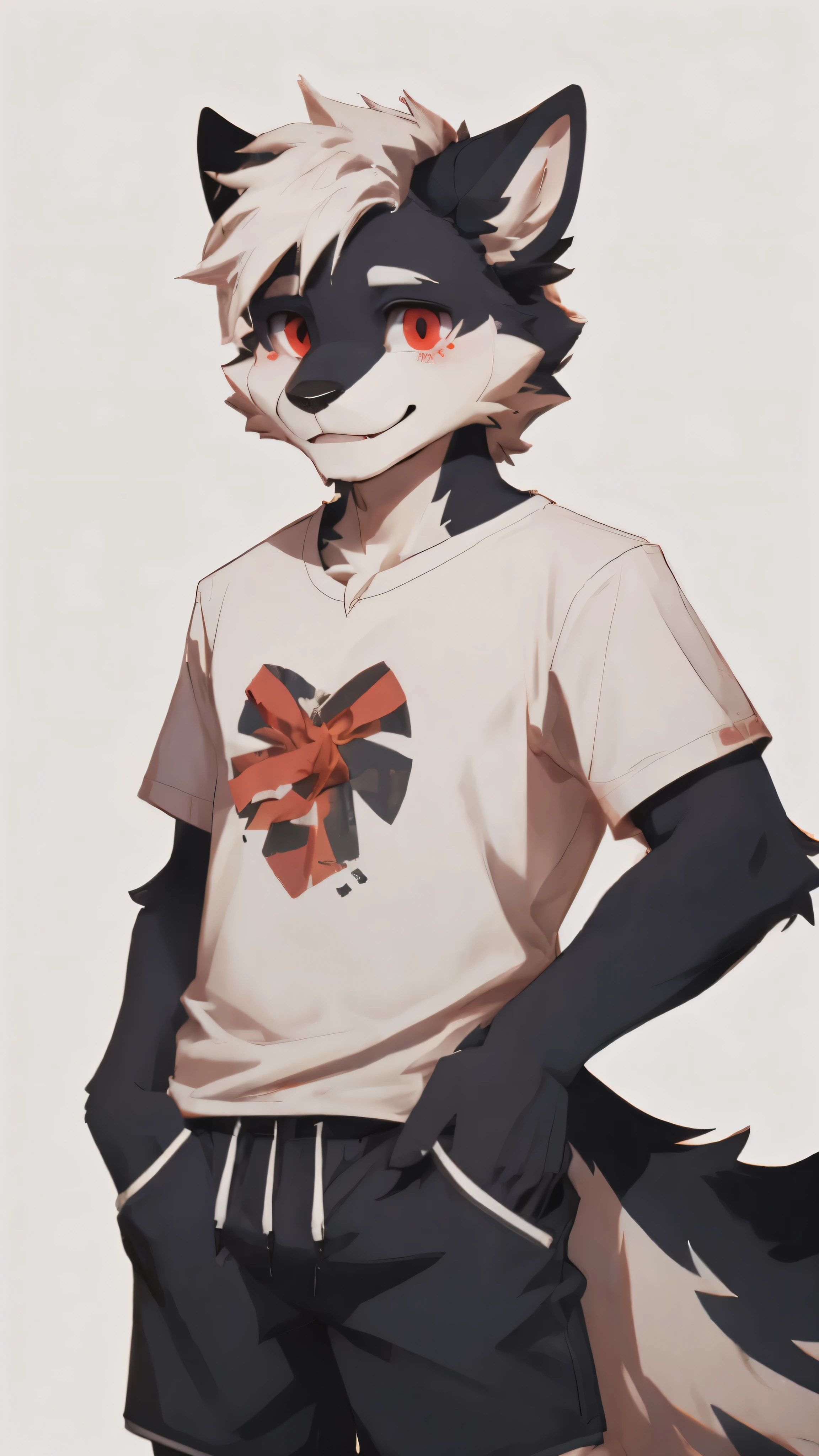 Male,male focus, black fur,white fur, white hair, blush, red pupils,T-shirt, short pant, fluffy tail,high quality, highlight ,smile,