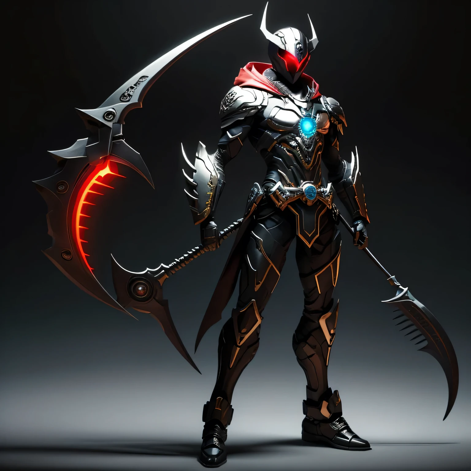 best quality)), ((masterpiece)), (detailed), perfect face, Black coloring, Reaper Kamen Rider, Heavenly background, Single person, Sleek Reaper Armor, Full Body, Haunted Base, Kamen Rider, 1 male, Reaper Design, Hood, Glowing Scythe Weapon