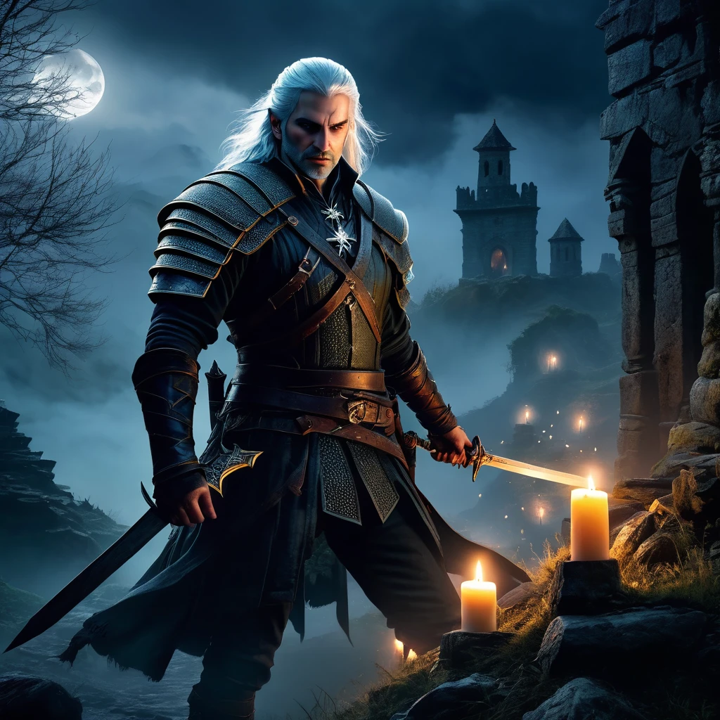 a witcher using magic to fight monsters,(best quality,4k,8k,highres,masterpiece:1.2),dark and moody,medieval fantasy style,enchanted forest,ominous atmosphere,detailed armor and weapons,stunning visual effects,mystical creatures like dragons and werewolves,grim and gritty world,hunters traveling through dangerous lands,fierce battles against supernatural creatures,heroic protagonist with silver hair and piercing eyes,a world of magic and danger,mysterious ancient ruins,small candles lighting up the darkness,thick mist swirling around,faint glow of moonlight,hauntingly beautiful landscape,ominous soundtrack intensifying the tension.