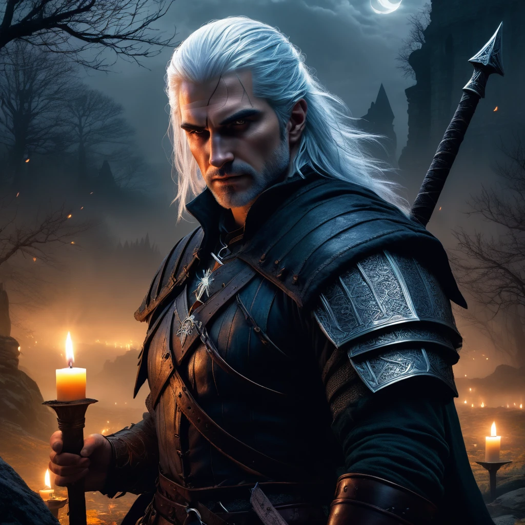 a witcher using magic to fight monsters,(best quality,4k,8k,highres,masterpiece:1.2),dark and moody,medieval fantasy style,enchanted forest,ominous atmosphere,detailed armor and weapons,stunning visual effects,mystical creatures like dragons and werewolves,grim and gritty world,hunters traveling through dangerous lands,fierce battles against supernatural creatures,heroic protagonist with silver hair and piercing eyes,a world of magic and danger,mysterious ancient ruins,small candles lighting up the darkness,thick mist swirling around,faint glow of moonlight,hauntingly beautiful landscape,ominous soundtrack intensifying the tension.