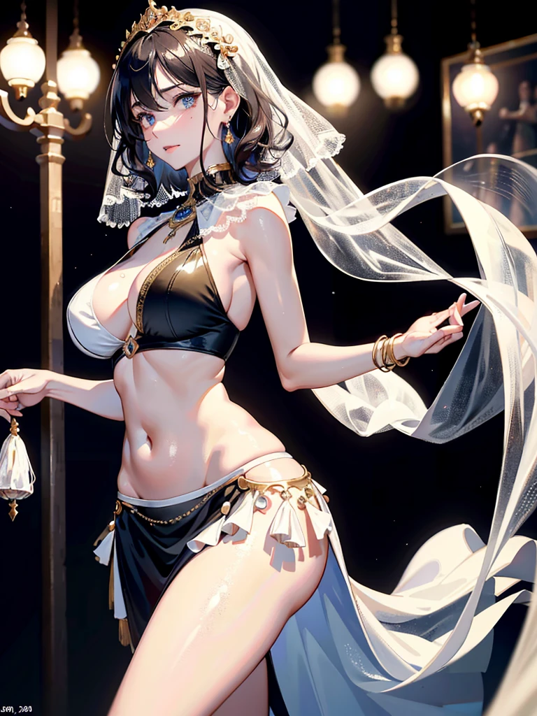 absurdres, RAW photo, extremely delicate and beautiful, masterpiece, Best Quality, ultra high resolution, 32k, hyperrealistic, ultra-detailed, perfect anatomy, anatomically correct, perfect figure, super Detailed skin, pale skin, 20 years old, very Slim body, narrow waist, very small head, very small face, delicate facial features, detailed face, detailed eyes, tearful mole, earring, thin legs, bare legs, ((very huge round breasts)), short medium hair, ((wavy hair)), wet clothes, ((Belly dancer costume)), ((mouth veil)), anklet,