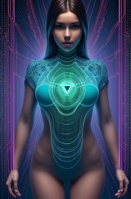 Half Body. high quality, 8K Ultra HD,Digital human from binary code,Female characteristics,Large Breasts,Illuminated by a stream of purple binary code, ,Straight lines and patterns, Weaving together,Creating a fusion of technology and art, Background with binary code, Hues range from electric blue to bright green,