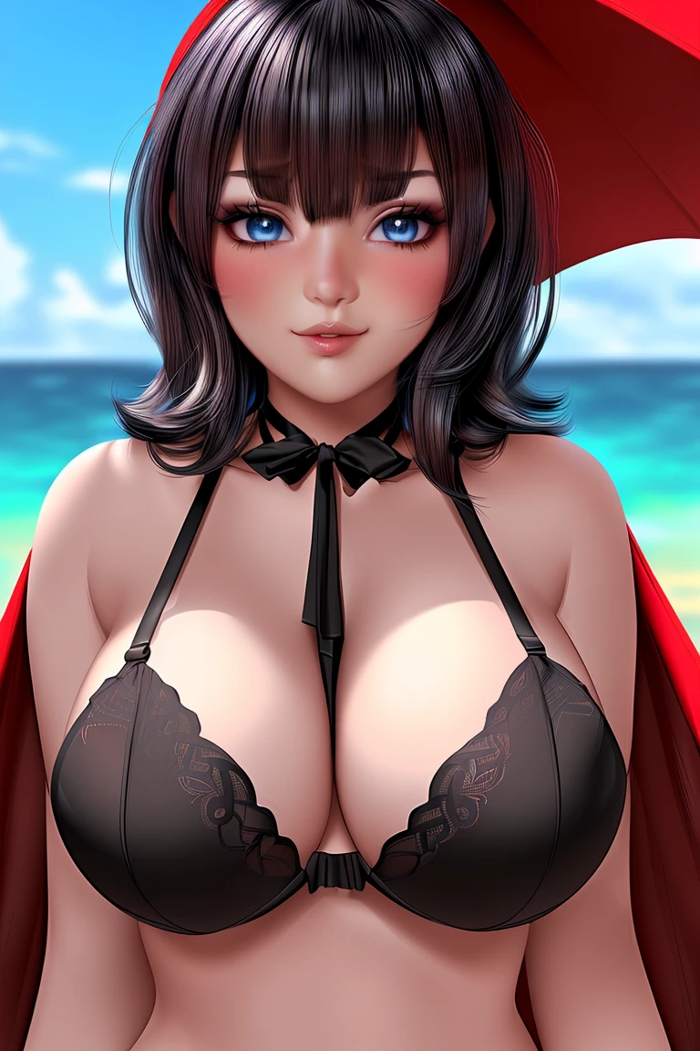 Obra maestra de arte digital 3D, Mavis Dracula,  cabello negro corto con fleco, estilo  bob, gothic makeup voluminous red lips blue eyes pale skin on the beach with micro bra and string bikini, cuerpo completo 1.2 esbelta grandes pechos y bien pronunciada cintura , caderas anchas,muslos gruesos y voluminosos detallado perfecto,  12k wallpaper fanart 