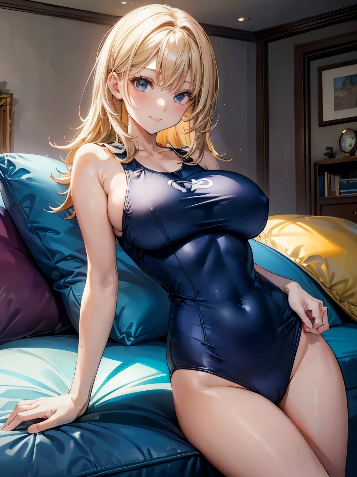 highest quality、Nice sexy body、One Woman、solo、(Beautiful busty woman:1.5)、Medium hair woman、Woman with straight hair、Blonde Hair Woman、A woman wearing a navy blue one-piece school swimsuit、Smiling woman、Woman buried in a giant cushion、living room