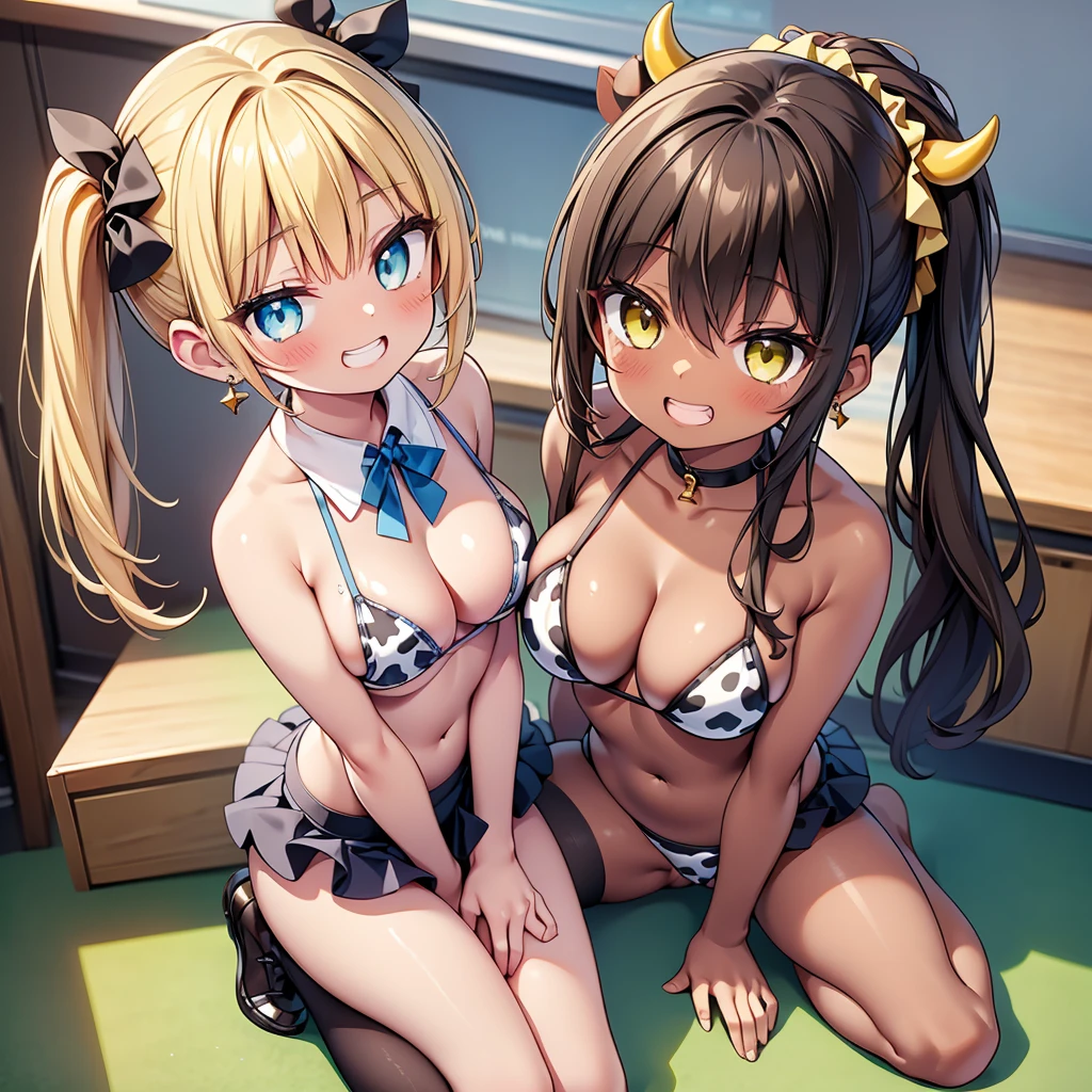 (cute eyes:1.2), (sparkling eyes:1.2), (8K、Best image quality、highest quality、masterpiece)、Detailed face、(2 girls)、Improve、((Brown Skin:1.3))、blonde、Low Ponytail、Scrunchie、Yellow Eyes、Earrings、Wicked Smile、((Grin)), (skinny body:1.2), (midium breasts), (cow print, micro bikini:1.1), (spread legs), Classroom Background, (open mouth), (embarrassed), (black stockings:1.1), (Thighs:1.1), (Waistline),(from above:1.2)