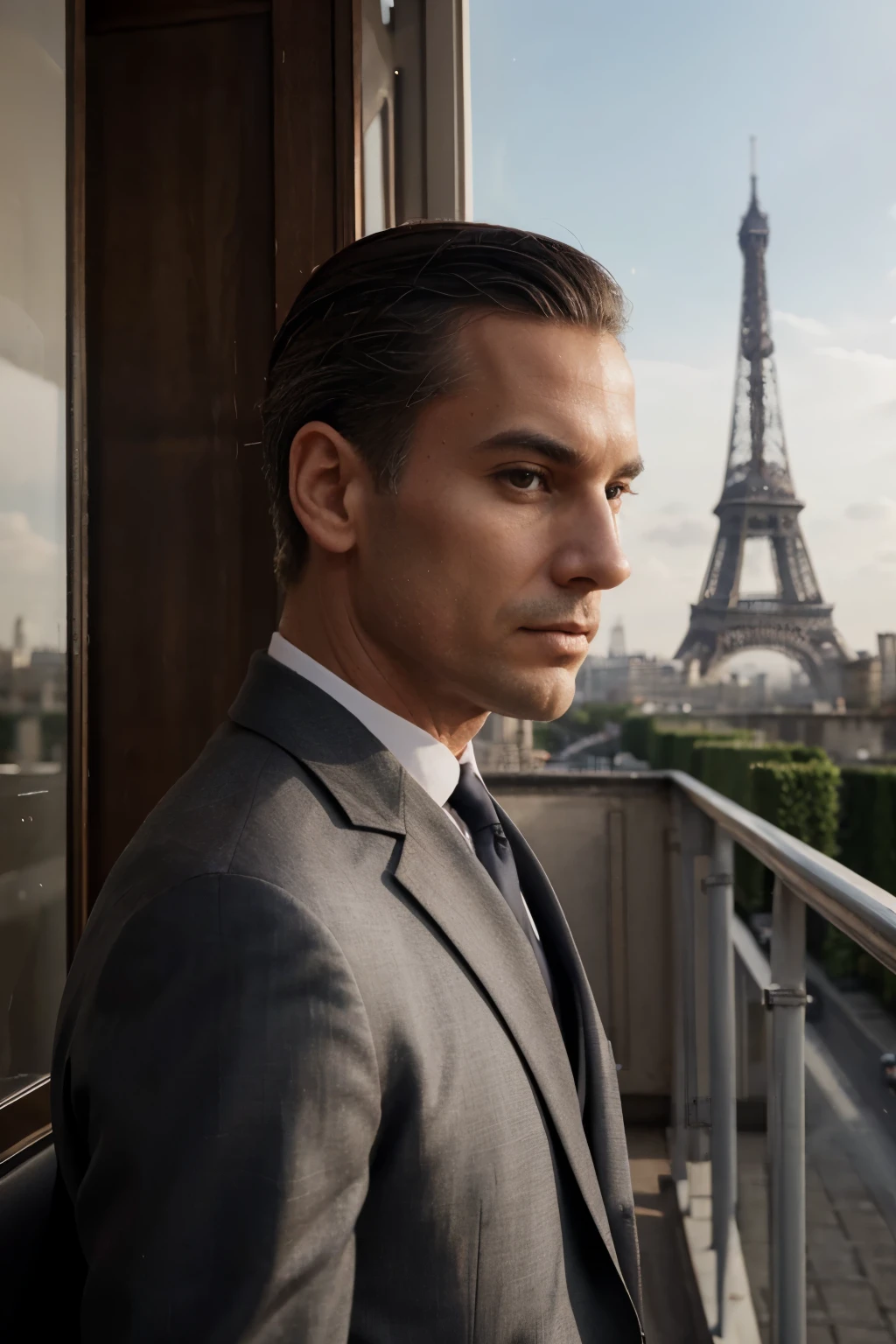 Homme 60 ans, cheveux gris court, classic haircut with a side parting, portant un costume sombre elegant, charismatique ,marchant a paris avec vue sur la tour eiffel , 4k, photorealiste