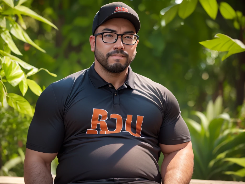 (40 years old daddy:1.1), 1boy, Solo, round face, beefy body, (big shoulders), big pecs, big pectorals, stubbles, Short beard, Beautiful eyes:1.3, (Detailed face:1.3), wearing glasses, Dynamic Angle, volumetric lighting, (Best quality, A high resolution, Photorealistic), Cinematic lighting, Masterpiece, RAW photo, stock photo, Intricate details, hdr, depth of field, there is a man sitting on a bench under a tree, shot on iphone 1 3 pro max, at a park, shot with sony alpha 1 camera, taken on iphone 14 pro, shot on iphone 1 3 pro, shot with sony alpha, taken on iphone 1 3 pro, kuntilanak on tree, shot on canon eos r 5, a tree with countless red string attach to it, man wearing yellow polo shirt with letter B on it, black cap, a quiet park,