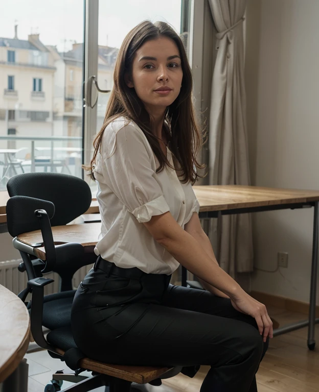 a Photo of a beautiful woman, 30 ans old, de longs et beaux cheveux, dark brown hair, dark brown eyes, assis à une table dans une salle de conférence, leaning on his chair, tout le corps, wear a white blouse with rolled up sleeves, wear tight chinos, le tableau est au premier plan, Ses jambes sont visibles, the view is 45 degrees sideways from the'avant, regarder dans la caméra, red lipstick, lumière naturelle provenant d'a window, there is a woman behind her, blurred background, cinema lighting, flou de mouvement, Grain du film, Very detailed, 30 ans, dark brown eyes, High resolution, chef-d'artwork, best quality, intricate details, Very detailed, sharpness, detailed skin, Realistic skin texture, texture, Detailed eyes, professionnel, 4k, 85mm, faible profondeur de champ, corps parfaitement ajusté, extremely detailed, Photo_\(ultra\), PhotoRealistic, Realistic, Post-traitement, Maximum details, roughness, vrai vie, ultra Realistic, Photorealism, Photography, 8k euh, Photography (grain de film) plan moyen pour gros plan, visage plus long et plus mince, visage parfait, Hands are hidden, jambes naturelles, porter des collants, bras naturels, poitrine de taille moyenne sous les vêtements, chaises normales, meubles normaux