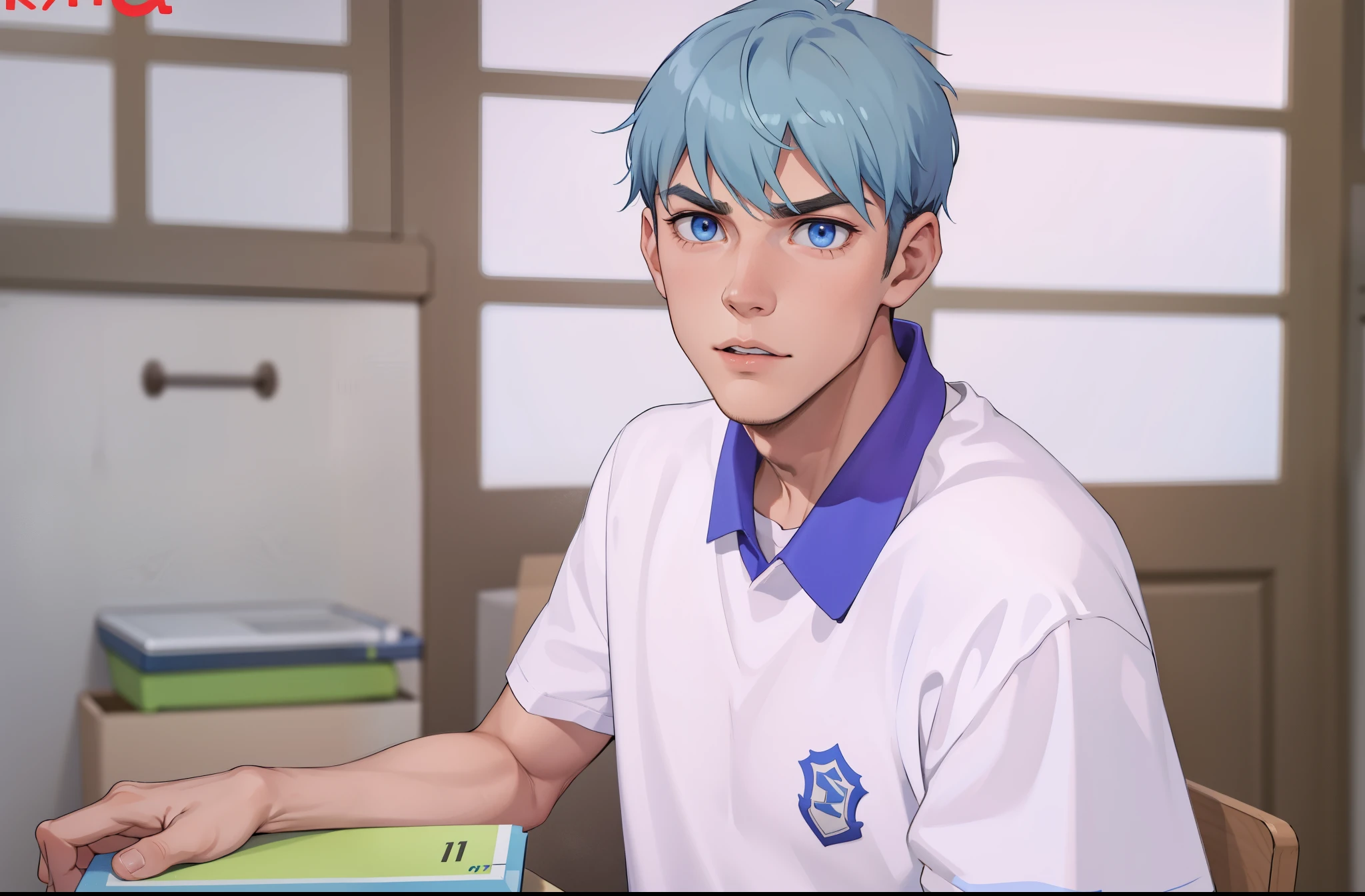 athletic young man of 18 years blue eyes is worried intimidated 