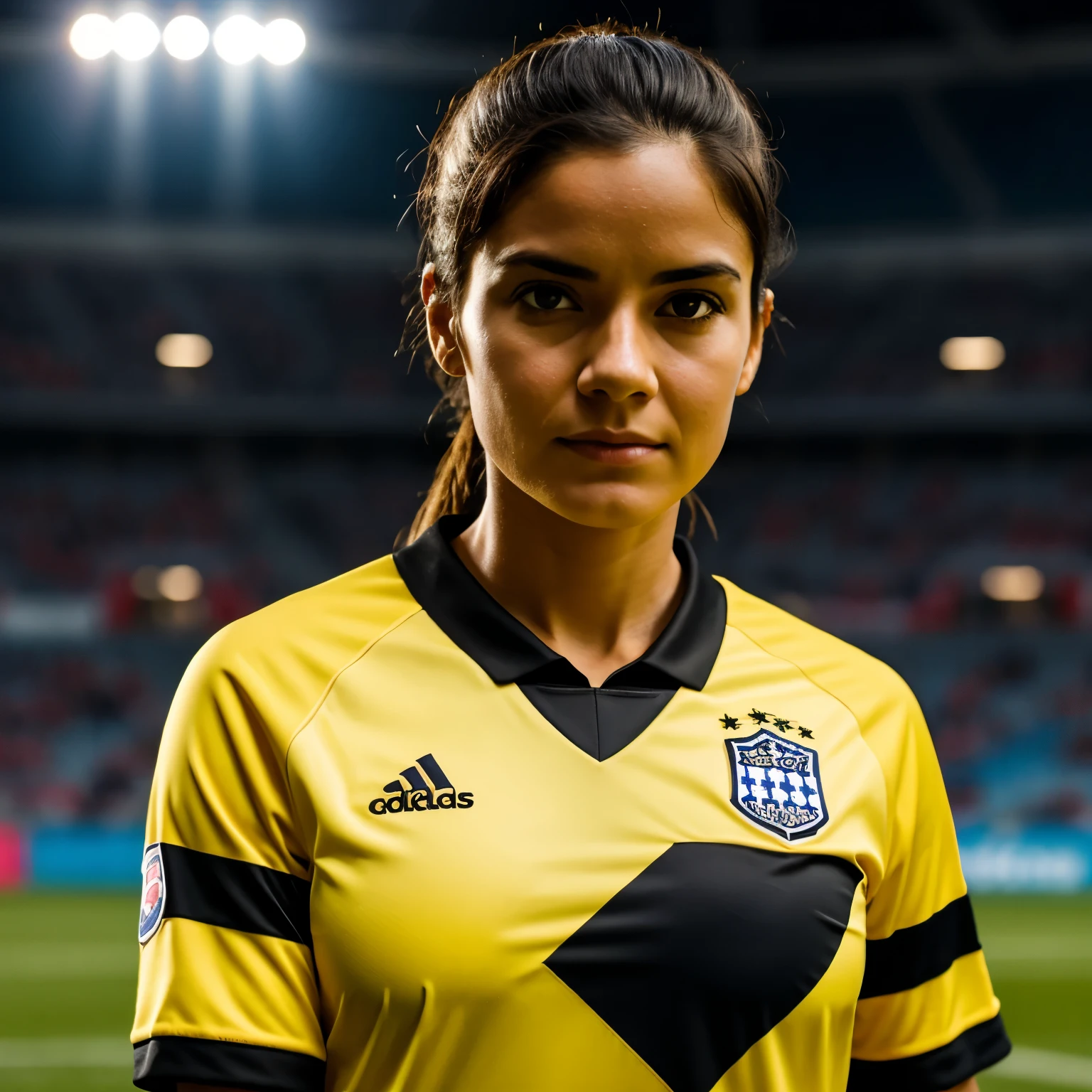 Create an image of a soccer referee, a woman of approximately 35 years old, dressed in an all-yellow shirt and long black shorts, looking straight into the camera, looking reprimanded, holding a yellow card, white background, ultra-realistic