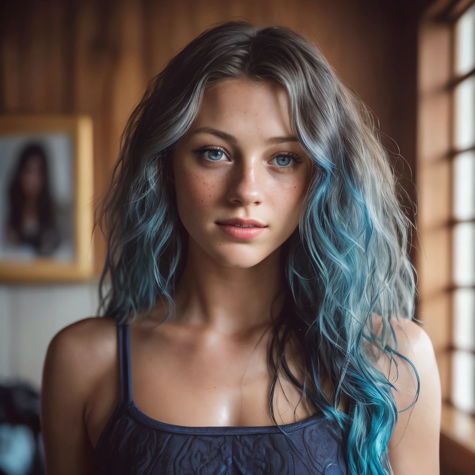 (close-up, editorial photograph of a 30 year old woman), (highly detailed face:1.4) (smile:0.7) (background inside dark, moody, private study:1.3) POV, by lee jeffries, nikon d850, film stock photograph ,4 kodak portra 400 ,camera f1.6 lens ,rich colors, hyper realistic ,lifelike texture, dramatic lighting , cinestill 800, mischievous smirk, blue hair, wavy hair, messy hair, long hair, curls, blue eyes, sun tanned skin, freckles, masterpiece, high details, model (Melissa Benoist), european girl, european expression, european skin, popstar, shower, onlyfans