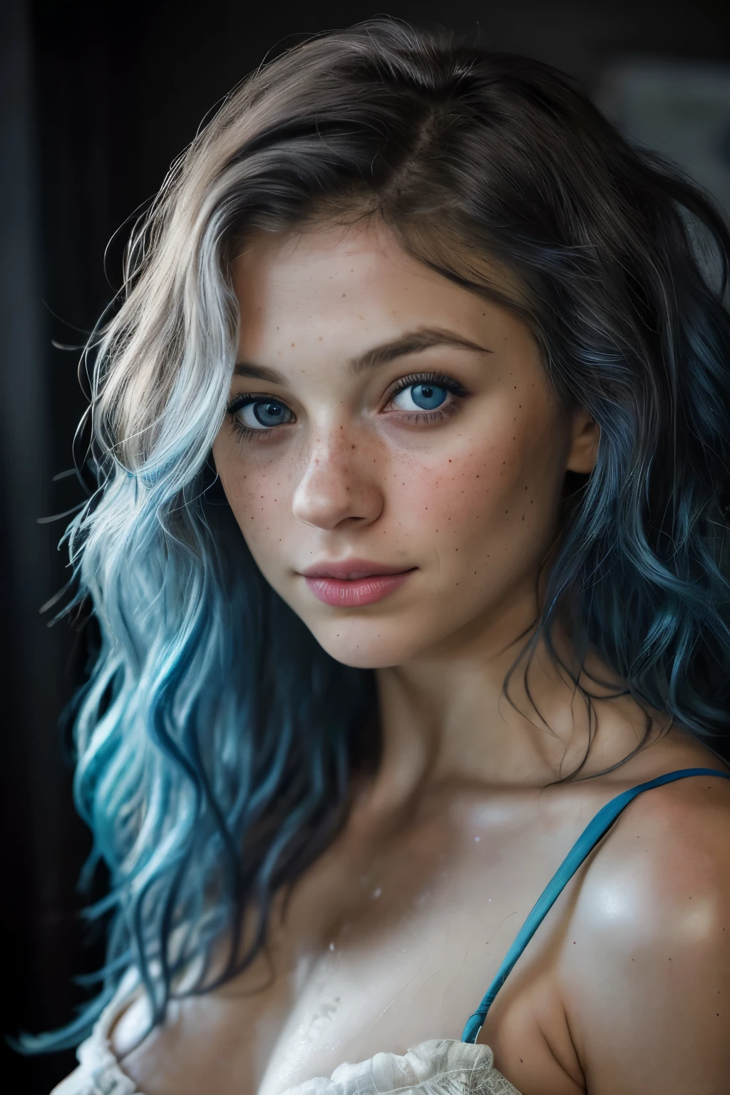 (close-up, editorial photograph of a 30 year old woman), (highly detailed face:1.4) (smile:0.7) (background inside dark, moody, private study:1.3) POV, by lee jeffries, nikon d850, film stock photograph ,4 kodak portra 400 ,camera f1.6 lens ,rich colors, hyper realistic ,lifelike texture, dramatic lighting , cinestill 800, mischievous smirk, blue hair, wavy hair, messy hair, short hair, curls, blue eyes, white skin, freckles, masterpiece, high details, model (Melissa Benoist), european girl, european expression, european skin, popstar, shower, onlyfans