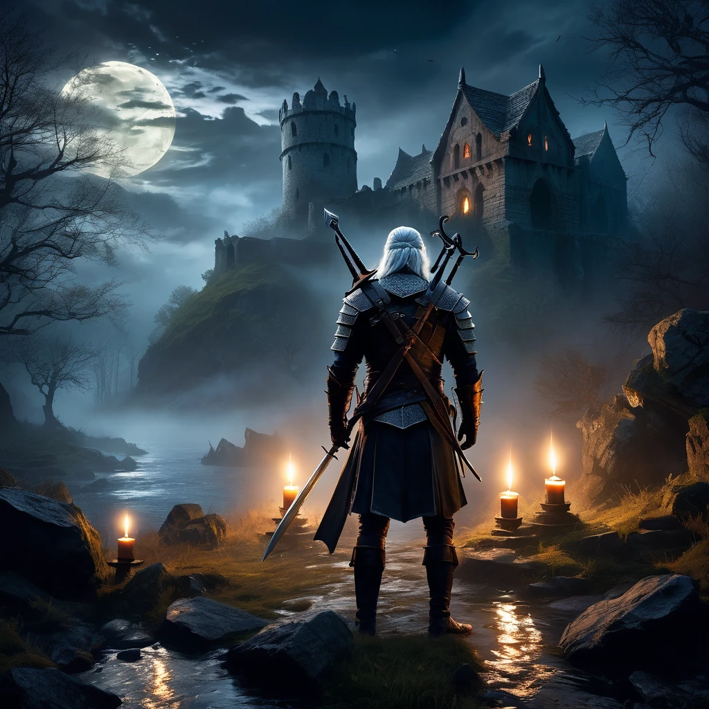 a witcher using magic to fight monsters,(best quality,4k,8k,highres,masterpiece:1.2),dark and moody,medieval fantasy style,enchanted forest,ominous atmosphere,detailed armor and weapons,stunning visual effects,mystical creatures like dragons and werewolves,grim and gritty world,hunters traveling through dangerous lands,fierce battles against supernatural creatures,heroic protagonist with silver hair and piercing eyes,a world of magic and danger,mysterious ancient ruins,small candles lighting up the darkness,thick mist swirling around,faint glow of moonlight,hauntingly beautiful landscape,ominous soundtrack intensifying the tension.