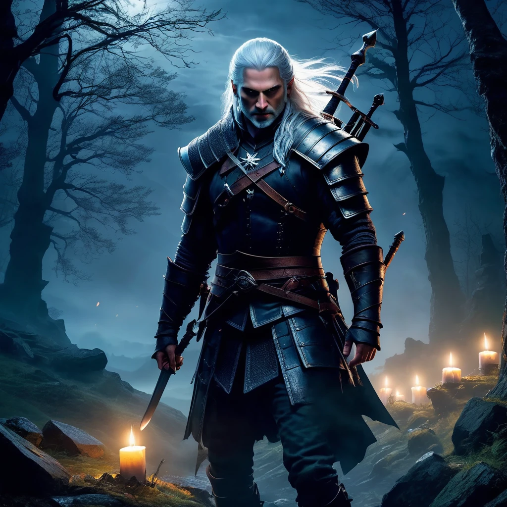 a witcher using magic to fight monsters,(best quality,4k,8k,highres,masterpiece:1.2),dark and moody,medieval fantasy style,enchanted forest,ominous atmosphere,detailed armor and weapons,stunning visual effects,mystical creatures like dragons and werewolves,grim and gritty world,hunters traveling through dangerous lands,fierce battles against supernatural creatures,heroic protagonist with silver hair and piercing eyes,a world of magic and danger,mysterious ancient ruins,small candles lighting up the darkness,thick mist swirling around,faint glow of moonlight,hauntingly beautiful landscape,ominous soundtrack intensifying the tension.