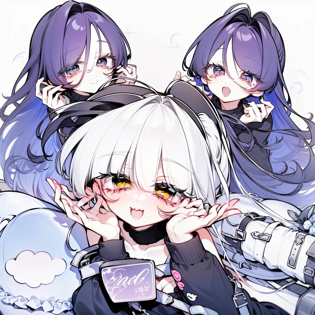 21 years old, White hair girl, armpit hair length (((Smile, flirtatious face, Excited face, Excited face))) Jeans and tight tops, ((Odango hairstyle)) (((Detailed character list, Front view, side view, Three-quarter view))) (((White background)))