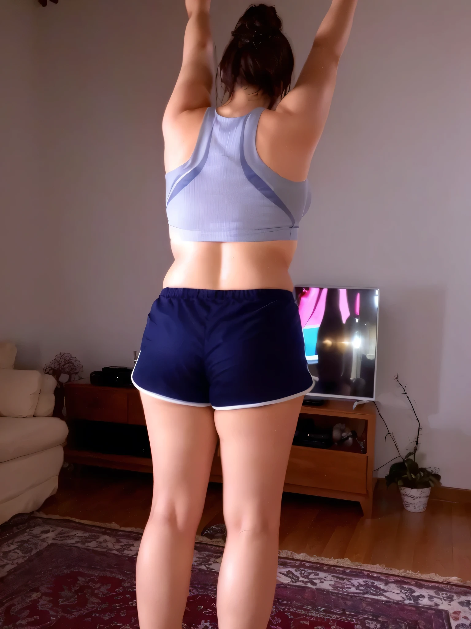 A beautiful light brunette woman in a sports top and shorts standing in a living room in shorts, long shot of the back, long shot of back, very short pants, view from behind, photo from behind, views from behind, from the back, rear view, photo taken from the back, with tanned body, toned body, athletic body, ((((legs)))); sexy pose, extremely sexy, very sensual, shapely legs. She is about 36 years old, 1.62 tall, 60 kg, best quality, perfect face, perfect mouth, perfect hands, is standing, (full body) wearing a tank top (((grayish top))), blue shorts tight dark blue shorts (((dark blue shorts))), short blue shorts for gym training, well defined, her slightly plump and red lips look like a delicate flower. Slim body, slim waist. Her body exudes glamor and her face is the definition of beauty. Highly realistic, reddish skin, feeling of lightness and joy, hyper-realism, very elaborate skin. Sharp photo, high quality, high resolution (ultra quality masterpiece), Ultra HD, high contrast, 16K. Masterpiece: 1.3, high resolution, (photographically realistic), 8k, NUDE, NUDITY, NFSW.