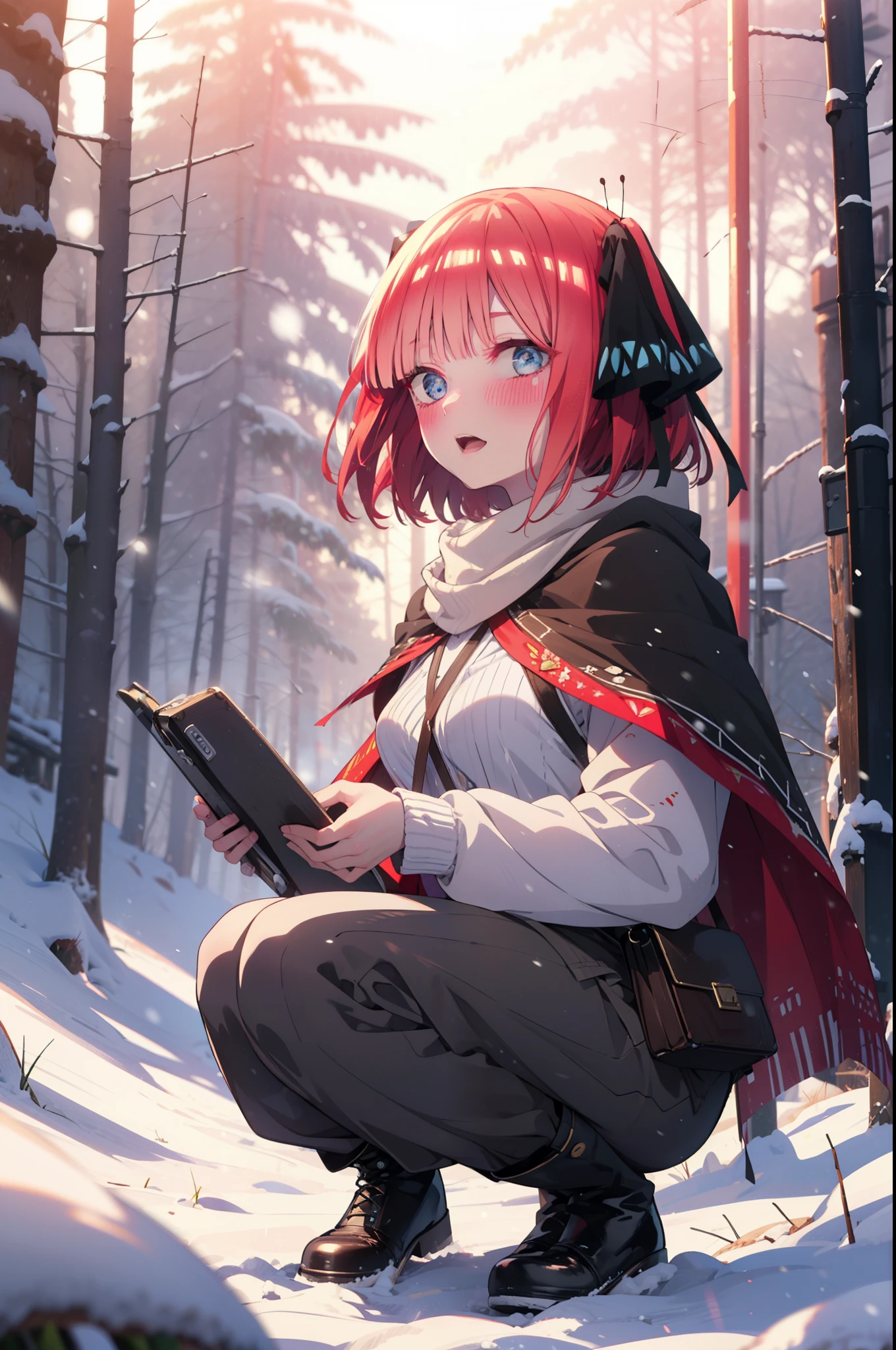 I was silent, Nino Nakano, short hair, bangs, blue eyes, hair ornaments, Hair Ribbon, Pink Hair, blunt bangs, Both sides up, butterfly hair ornaments,smile,blush,White Breath,
Open your mouth,snow,Ground bonfire, Outdoor, boots, snowing, From the side, wood, suitcase, Cape, Blurred, Increase your meals, forest, White handbag, nature,  Squat, Mouth closed, フードed Cape, winter, Written boundary depth, Black shoes, red Cape break looking at viewer, Upper Body, whole body, break Outdoor, forest, nature, break (masterpiece:1.2), highest quality, High resolution, unity 8k wallpaper, (shape:0.8), (Beautiful and beautiful eyes:1.6), Highly detailed face, Perfect lighting, Extremely detailed CG, (Perfect hands, Perfect Anatomy),