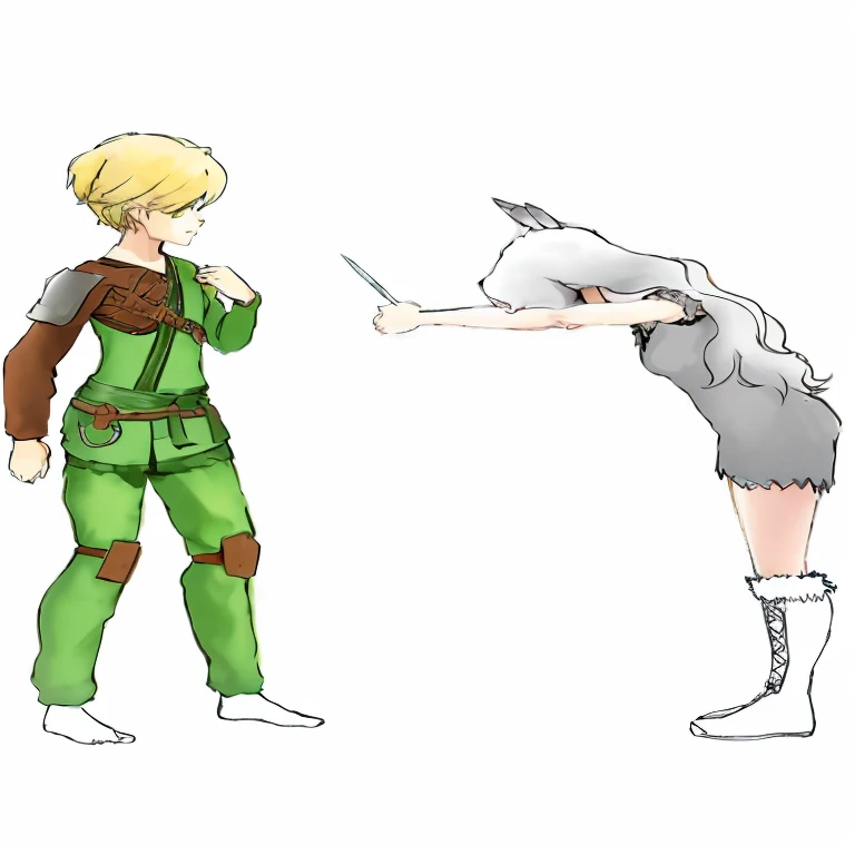 un dibujo animado de una mujer y un gato con una espada, Facing off in a duel, inspirado por Hans Beat Wieland, Clamping scale and clamping chart, human fusion and dragon., Legolas como un guardabosques elfo., v del diablo puede llorar como un elfo, Postura de lucha, dos personajes, inspirado en Caspar Lobo, pose de combate, nier inspirado