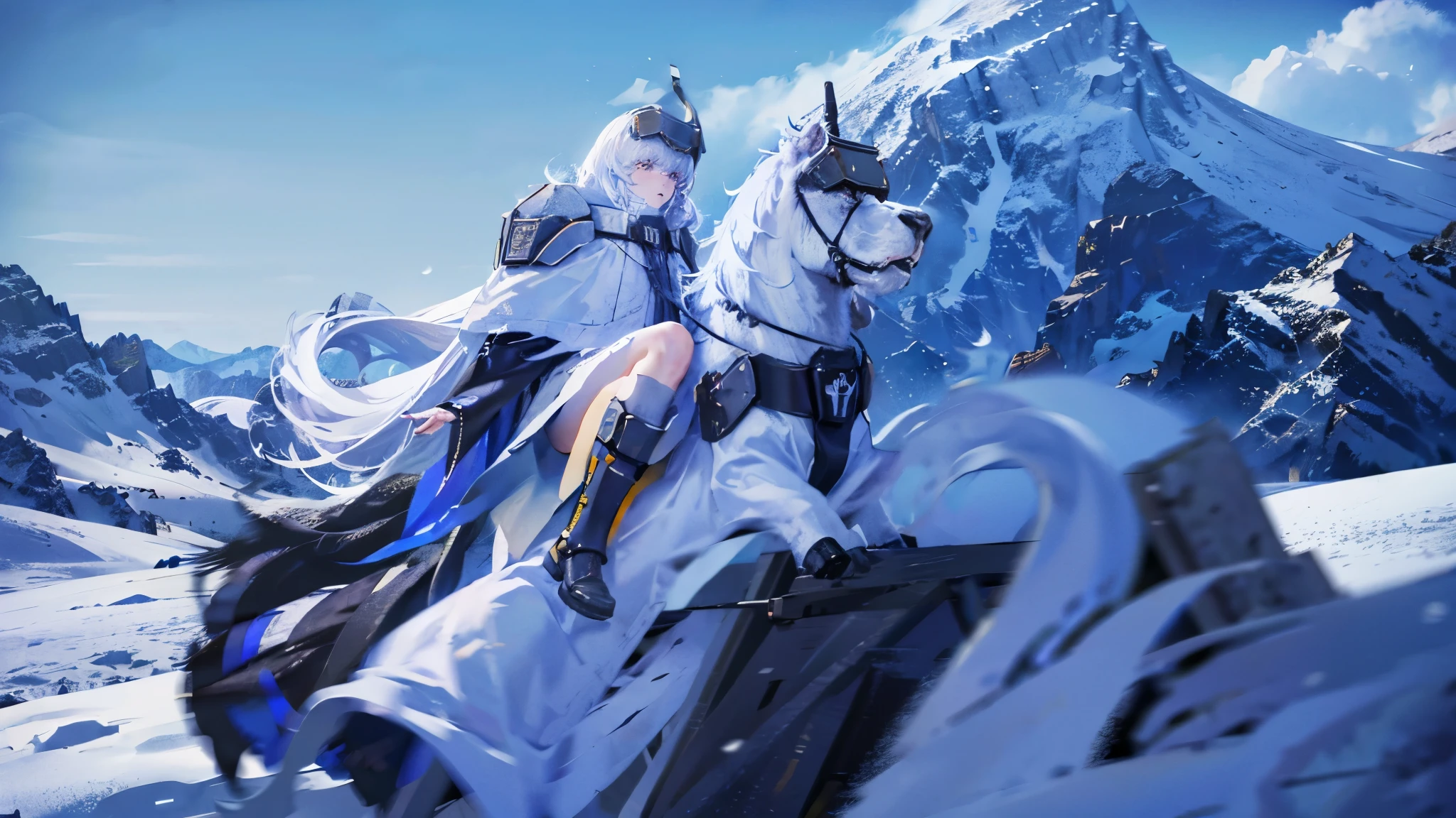 yellow eyes, white hair, long hair, headgear, mechanical boots, cloak, bare legs, single pauldron,Snowy mountains, nothing,1 people,blue atmosphere, blue sky,white wolf,patting the wolf