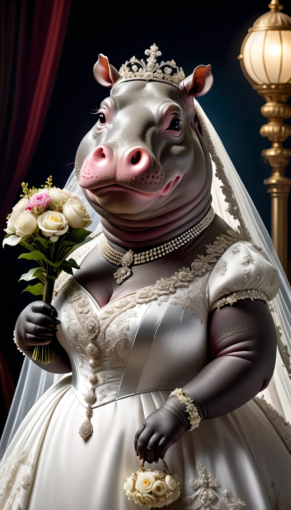 photorealistic portrait of Dressed animals - a ((fat)) hippo bride,(elegant pose),(closed mouth),(furry), high quality,(lovely) ,intricate details, highly detailed (gothic wedding dress)),wearing opera globes ,wearing highly detailed veil, highly detailed decorations ,holding flower bouquet, (happy), studio lighting,()