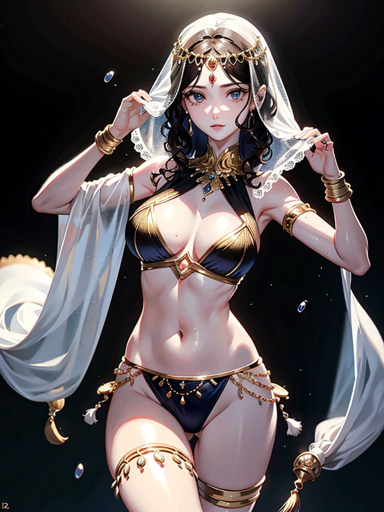 absurdres, RAW photo, extremely delicate and beautiful, masterpiece, Best Quality, ultra high resolution, 32k, hyperrealistic, ultra-detailed, perfect anatomy, anatomically correct, perfect figure, super Detailed skin, pale skin, 20 years old, very Slim body, narrow waist, very small head, very small face, delicate facial features, detailed face, detailed eyes, tearful mole, earring, thin legs, bare legs, ((very huge round breasts)), short medium hair, ((wavy hair)), wet clothes, ((Belly dancer costume)), ((face veil)), anklet,