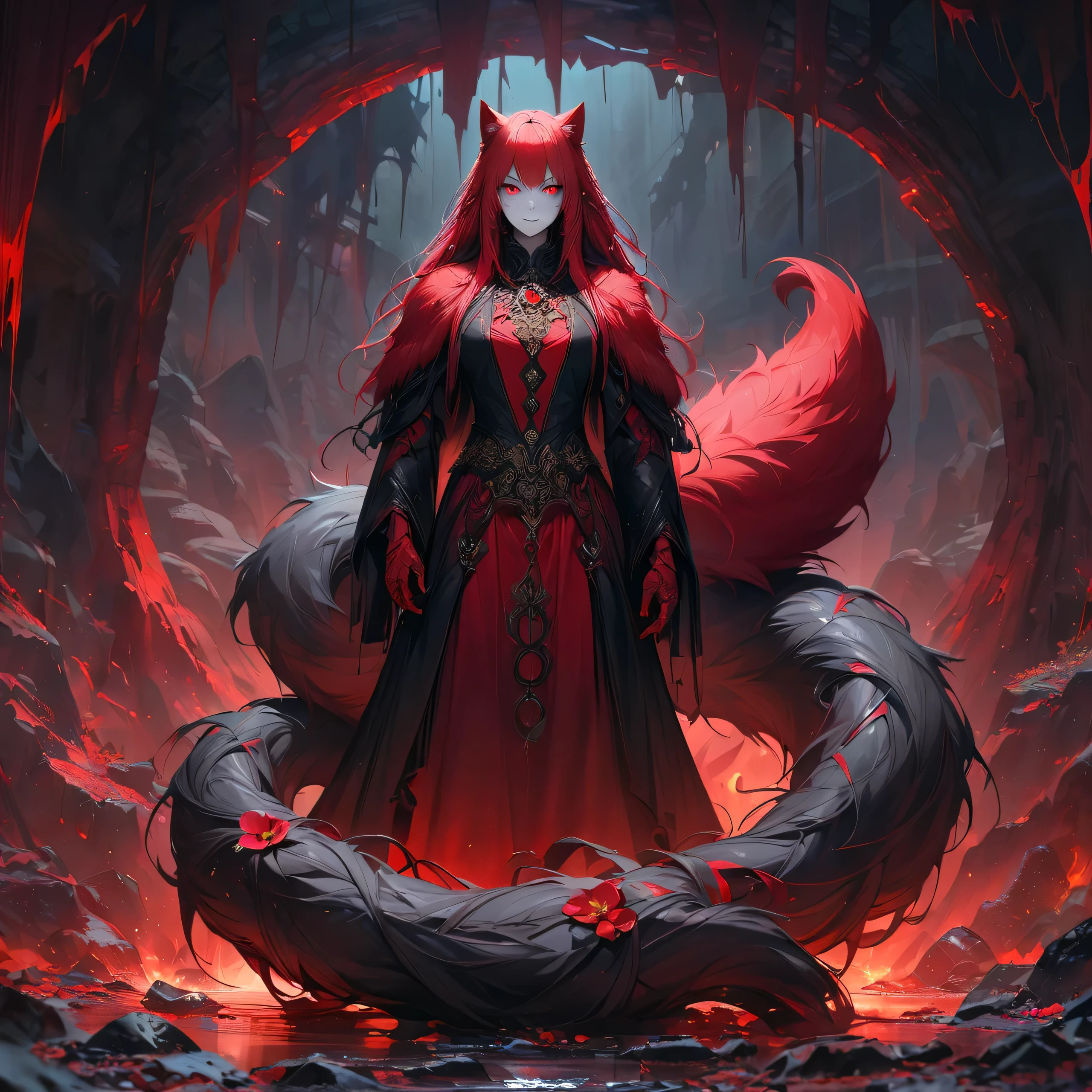 [Best Quality, Shaded, Extreme Detail, Highly Detailed, Ultra Detailed, Intricate, Realistic, Full View, Detailed Landscape, Full Body Portrait], Wolf Woman, Full Fur, Red Fur, Black Fur, Full Tail, Red Tail, Tail black, straight hair, hair with braid, a brooch in the hair, flower brooch, almond-shaped eyes, red eyes, intimidating smile, sinister look, pale skin, demonic clothing (black and red colored clothing), dark clothing, this find in a cave, cave of the underworld.