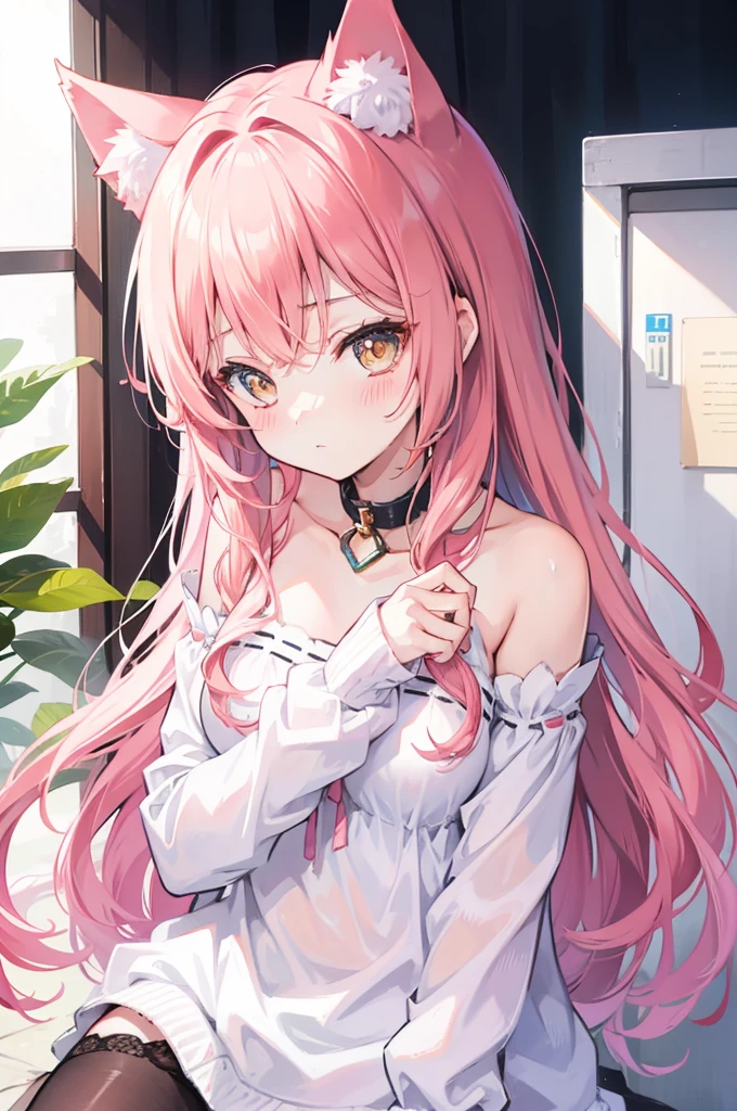 Cat ear, 1 girl, light blush, I'm watching you, light pink eyes, light, positive face, I'm watching you、brown hair、long hair