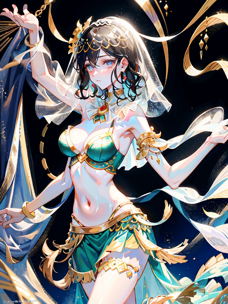 absurdres, RAW photo, extremely delicate and beautiful, masterpiece, Best Quality, ultra high resolution, 32k, hyperrealistic, ultra-detailed, perfect anatomy, anatomically correct, perfect figure, super Detailed skin, pale skin, 20 years old, very Slim body, narrow waist, very small head, very small face, delicate facial features, detailed face, detailed eyes, tearful mole, earring, thin legs, bare legs, ((very huge round breasts)), short medium hair, ((wavy hair)), wet clothes, ((Belly dancer costume)), ((face veil)), anklet,