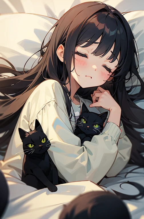 Cute girl、Sleepy face、With black cat、