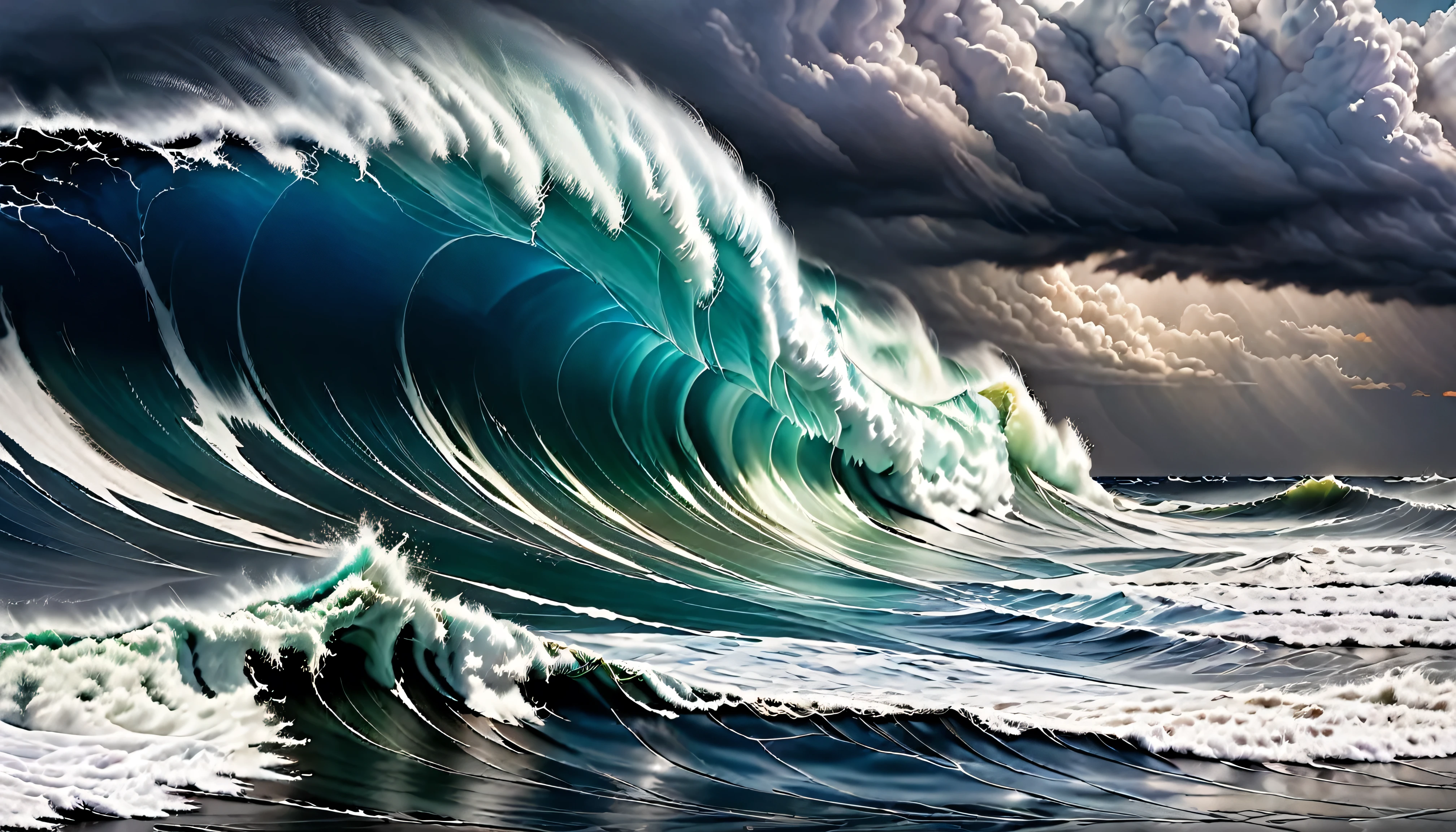 Generate an ultra-high-resolution image of towering, violent ocean waves during a fierce storm at sea, capturing the raw power and beauty of nature. The image should portray massive waves with incredibly detailed and dynamic water textures, showcasing the contrast between the white, frothy peaks and the deep, menacing blue of the sea. Lighting is crucial: the scene should be illuminated by the dramatic and intermittent lighting of a storm, with flashes of lightning casting stark, vivid highlights on the waves, and dark, ominous shadows filling the troughs. This stark lighting effect should enhance the three-dimensional appearance of the waves and add a surreal, almost painterly quality to the scene. Focus should be soft yet precise, ensuring that the waves are captured with clarity but without harsh edges, avoiding any over-filtering or digital noise that could detract from the realistic depiction. The composition must follow the rule of thirds, with the largest wave positioned to dominate the upper right quadrant of the image, drawing the viewer’s eye across the scene and conveying both the danger and the mesmerizing beauty of the stormy sea.