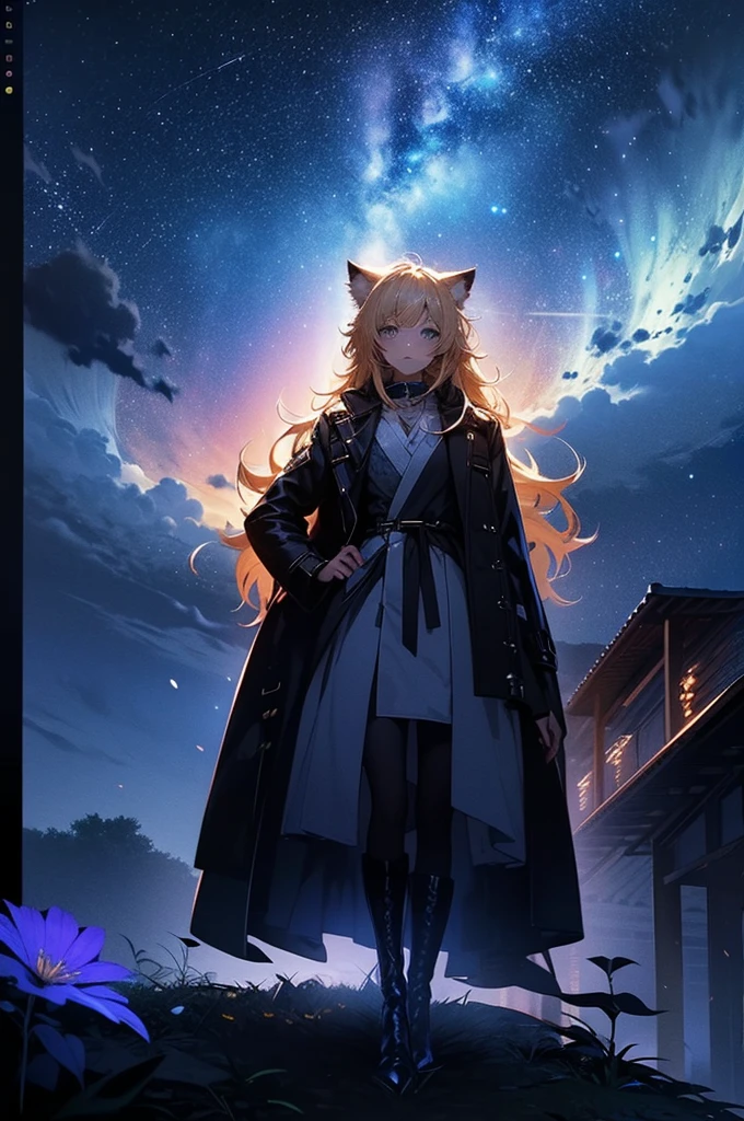 1 female,Cat ear，Blonde long hair，  silhouette， Knee-high boots，Long coat,High resolution,universe，Starry Sky，Flower Field，(Unbelievably absurd),Anime Visual,Highly detailed CG Unity 8k wallpaper, ((masterpiece)), ((highest quality)), (Beautiful illustrations), ((Very delicate and beautiful))