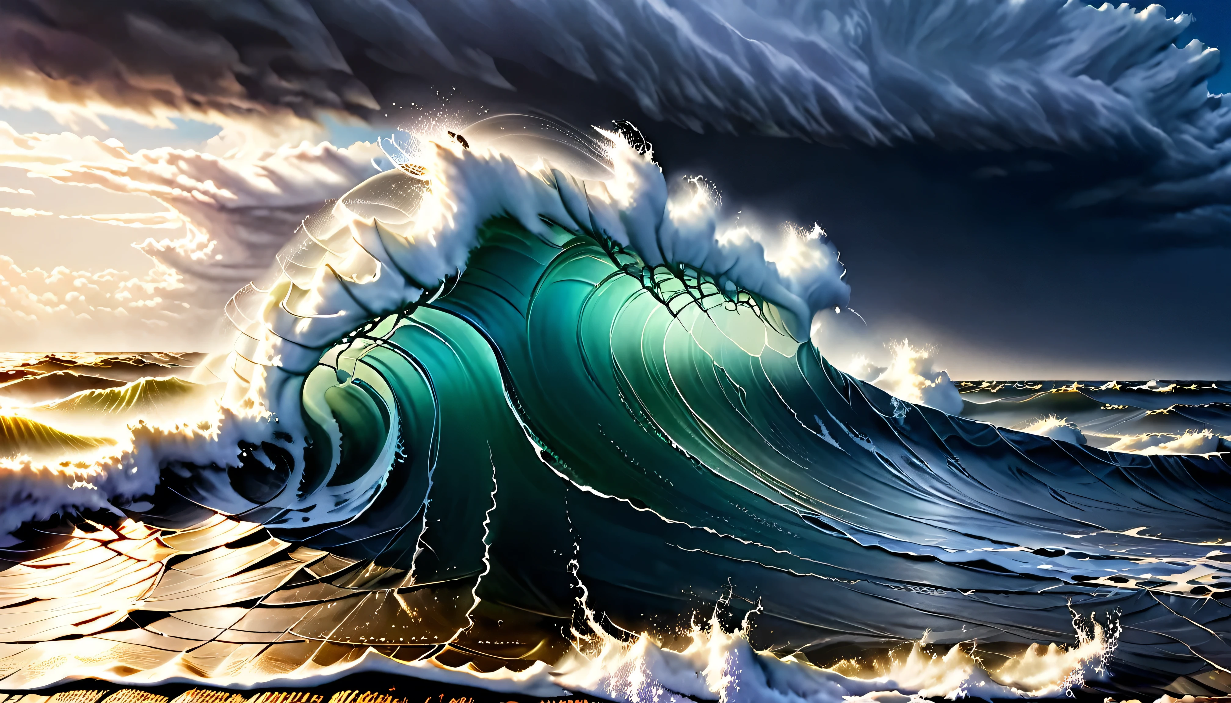 Generate an ultra-high-resolution image of towering, violent ocean waves during a fierce storm at sea, capturing the raw power and beauty of nature. The image should portray massive waves with incredibly detailed and dynamic water textures, showcasing the contrast between the white, frothy peaks and the deep, menacing blue of the sea. Lighting is crucial: the scene should be illuminated by the dramatic and intermittent lighting of a storm, with flashes of lightning casting stark, vivid highlights on the waves, and dark, ominous shadows filling the troughs. This stark lighting effect should enhance the three-dimensional appearance of the waves and add a surreal, almost painterly quality to the scene. Focus should be soft yet precise, ensuring that the waves are captured with clarity but without harsh edges, avoiding any over-filtering or digital noise that could detract from the realistic depiction. The composition must follow the rule of thirds, with the largest wave positioned to dominate the upper right quadrant of the image, drawing the viewer’s eye across the scene and conveying both the danger and the mesmerizing beauty of the stormy sea.