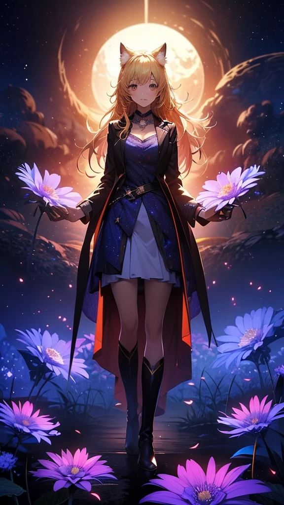 1 female,Cat ear,Blonde long hair, silhouette, Knee-high boots,Long coat,High resolution,universe,Starry Sky,Flower Field,(Unbelievably absurd),Anime Visual,Highly detailed CG Unity 8k wallpaper, ((masterpiece)), ((highest quality)), (Beautiful illustrations), ((Very delicate and beautiful))