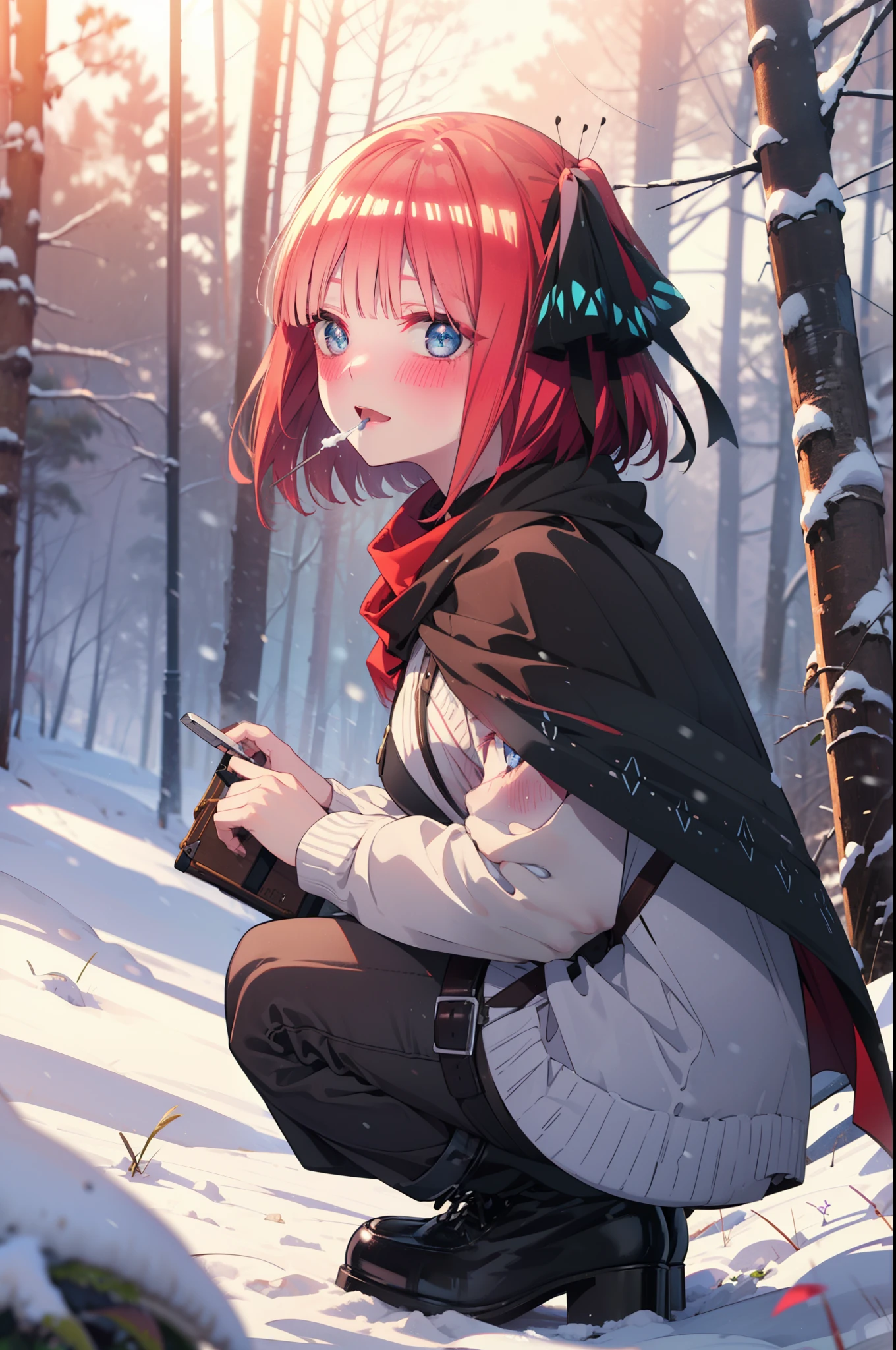 I was silent, Nino Nakano, short hair, bangs, blue eyes, hair ornaments, Hair Ribbon, Pink Hair, blunt bangs, Both sides up, butterfly hair ornaments,smile,blush,White Breath,
Open your mouth,snow,Ground bonfire, Outdoor, boots, snowing, From the side, wood, suitcase, Cape, Blurred, Increase your meals, forest, White handbag, nature,  Squat, Mouth closed, フードed Cape, winter, Written boundary depth, Black shoes, red Cape break looking at viewer, Upper Body, whole body, break Outdoor, forest, nature, break (masterpiece:1.2), highest quality, High resolution, unity 8k wallpaper, (shape:0.8), (Beautiful and beautiful eyes:1.6), Highly detailed face, Perfect lighting, Extremely detailed CG, (Perfect hands, Perfect Anatomy),