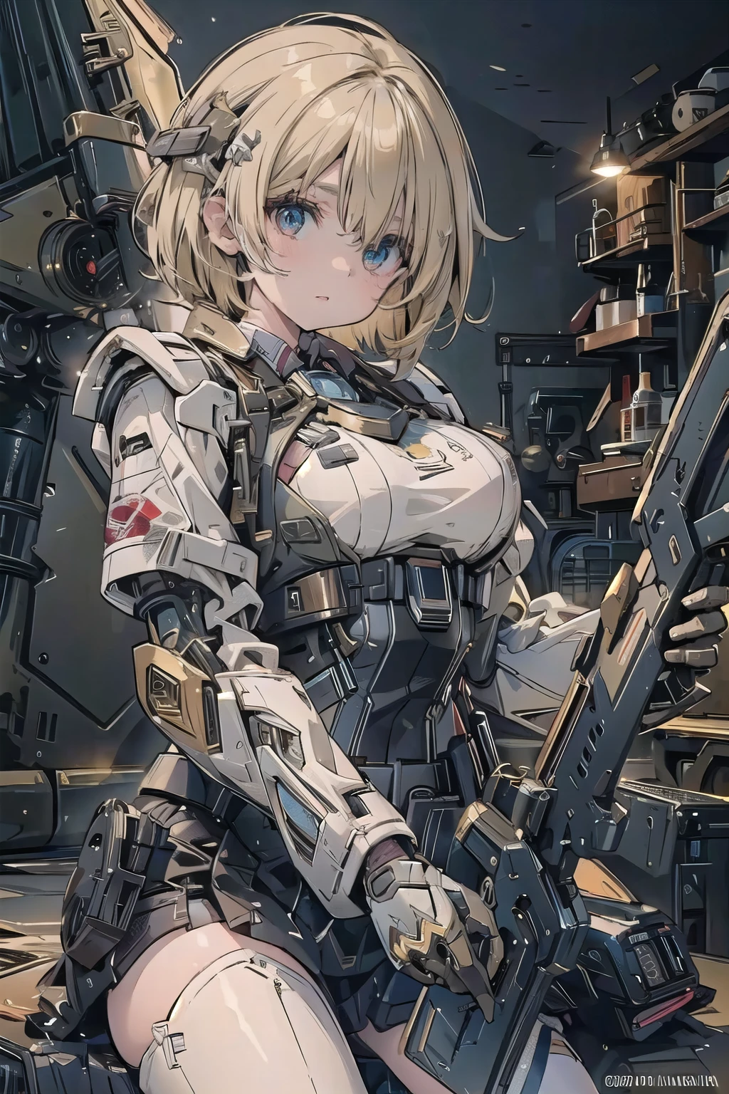 (masterpiece:1.2), (highest quality:1.2), Perfect Eyes, Perfect Face, Perfect lighting, One girl,bob,Blonde Hair,Assault rifle,(?????????????)