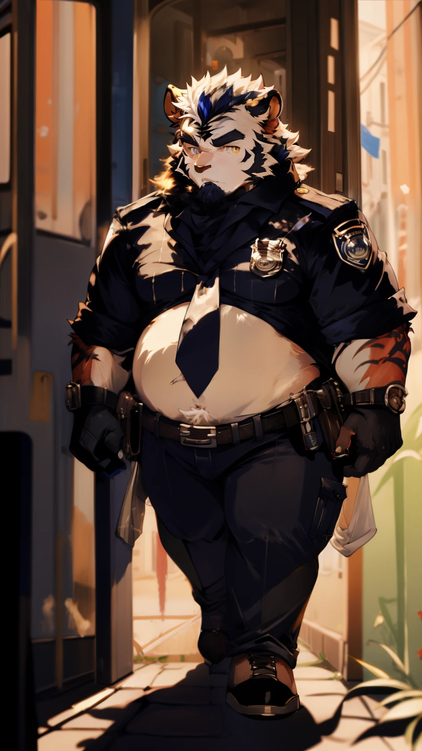 masterpiece,Anthropomorphic white tiger,Men,26 years old,thick eyebrows,White hair,Strong body,pectoralis major,Black tight police uniform,Exposure of the pectoralis tendon bulge,on the street,patrol,Serious expression,Looking at the audience,Golden pupils,Strong,Solitary,front,Full body image