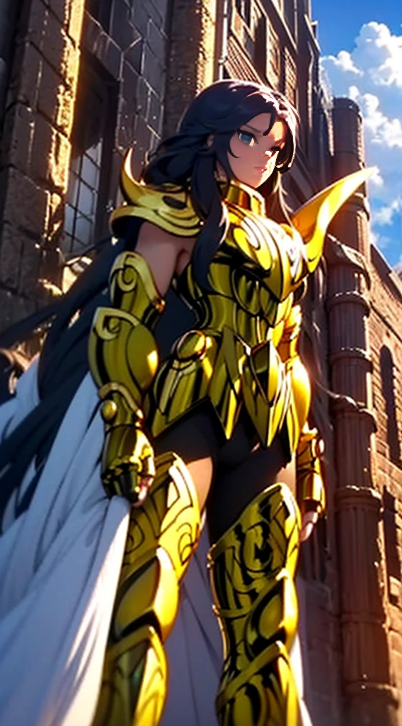 Create a high-quality image of a woman wearing full-body golden armor. She is depicted in a majestic pose, proudly standing amidst a grandiose backdrop. Her armor gleams with the brightness of gold, reflecting the sunlight streaming through the clouds. Her hair cascades over her shoulders, framing her determined and confident face. In her hands, she holds a sword or shield, ready to defend her cause with bravery. In the background, an epic landscape of towering mountains and a vast, infinite sky. This woman is a vision of power and nobility, a fearless leader ready to face any challenge that comes her way.