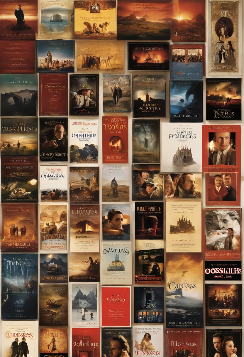 "A vibrant and intriguing cinematic collage, composed of iconic images from the 10 best films of all time. Includes striking scenes from &#39;Citizen Kane&#39;, &#39;The Godfather&#39;, &#39;Raging Bull&#39;, 'Casablanca', &#39;The Wizard of Oz&#39;, &#39;Twilight of the Gods&#39;, &#39;Where the weak have no place&#39;, &#39;Lord of the Rings: O Retorno do Rei', 'A Lista de Schindler' e '2001: A Space Odyssey&#39;. Each image is carefully selected to capture the essence and spirit of its respective film, creating a powerful visual representation of the diversity and depth of cinema. The title of the post, 'Os 10 Melhores Filmes de Todos os Tempos', is highlighted in the center of the image, in an elegant, readable font. The dark background enhances the film images, creating a dramatic and eye-catching contrast."