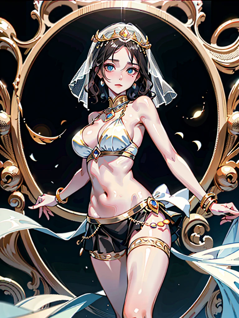 absurdres, RAW photo, extremely delicate and beautiful, masterpiece, Best Quality, ultra high resolution, 32k, hyperrealistic, ultra-detailed, perfect anatomy, anatomically correct, perfect figure, super Detailed skin, pale skin, 20 years old, very Slim body, narrow waist, very small head, very small face, delicate facial features, detailed face, detailed eyes, tearful mole, earring, thin legs, bare legs, ((very huge round breasts)), short medium hair, ((wavy hair)), wet clothes, ((Belly dancer costume)), ((face veil)), anklet,
