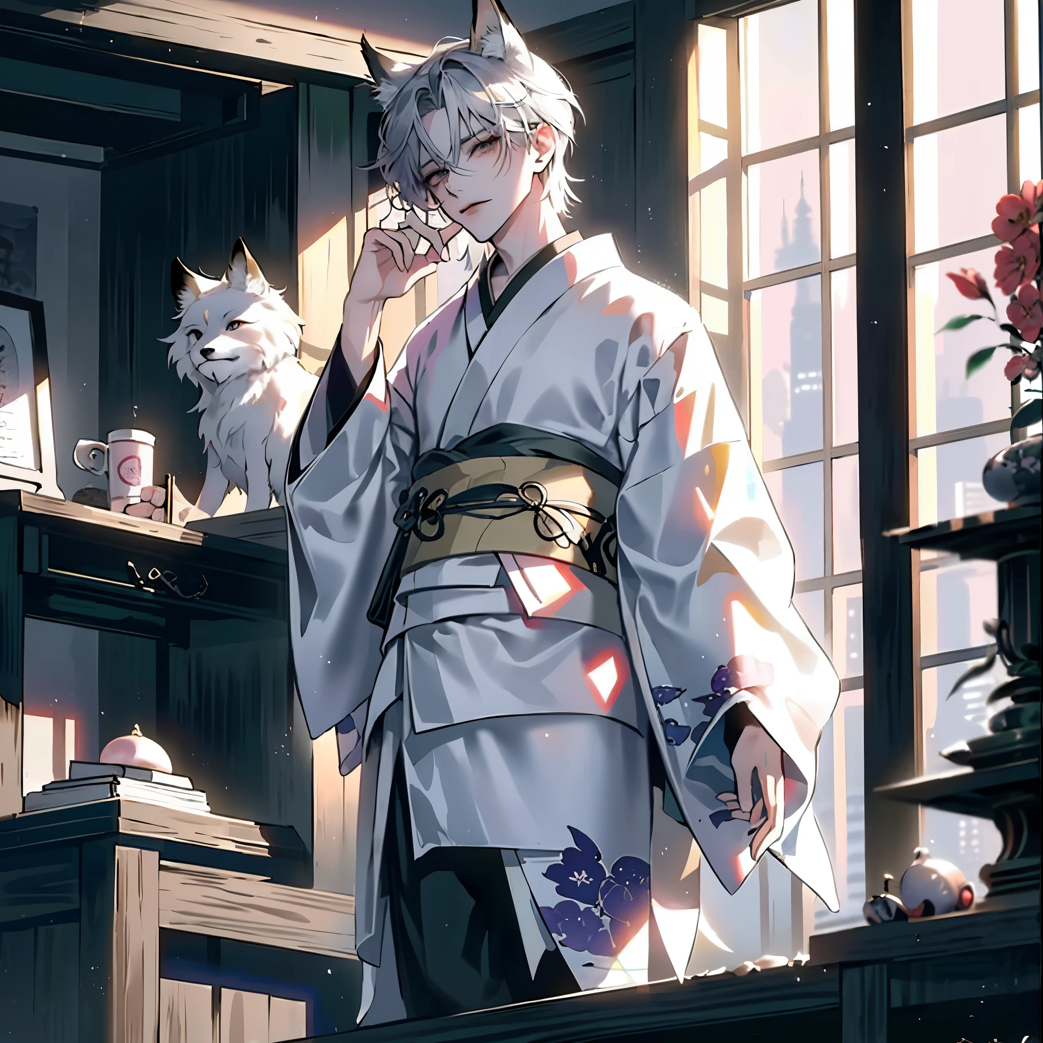 (masterpiece:1.2, highest quality), (Beautiful Eyes: 1.2), ((One Man)), ((alone)), ( Beautiful and vivid background: 1.2), (Very detailedなCG, Very detailed, Best Shadow: 1.1), ((Depth of written boundary)), ((watercolor)), (They are: 1.5), (kimono: 1.3), Beautiful concept art, 
male、handsome、Silver Hair、Shoulder-length hair、Fox Ears、Fox&#39;s Tail、Wearing headphones、A kind face、The voice is low、silver、kimono姿、Wearing a robe、
 (figure: 1.1), (Very delicate: 1.1), (Perfect detail: 1.1)、
lo-fi、Working while looking at a computer