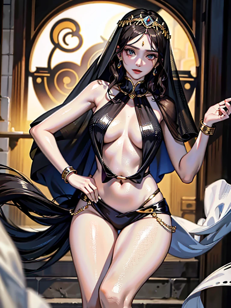 absurdres, RAW photo, extremely delicate and beautiful, masterpiece, Best Quality, ultra high resolution, 32k, hyperrealistic, ultra-detailed, perfect anatomy, anatomically correct, perfect figure, super Detailed skin, pale skin, 20 years old, very Slim body, narrow waist, very small head, very small face, delicate facial features, detailed face, detailed eyes, tearful mole, earring, thin legs, bare legs, ((very huge round breasts)), short medium hair, ((wavy hair)), wet clothes, ((Belly dancer costume)), ((face veil)), anklet,