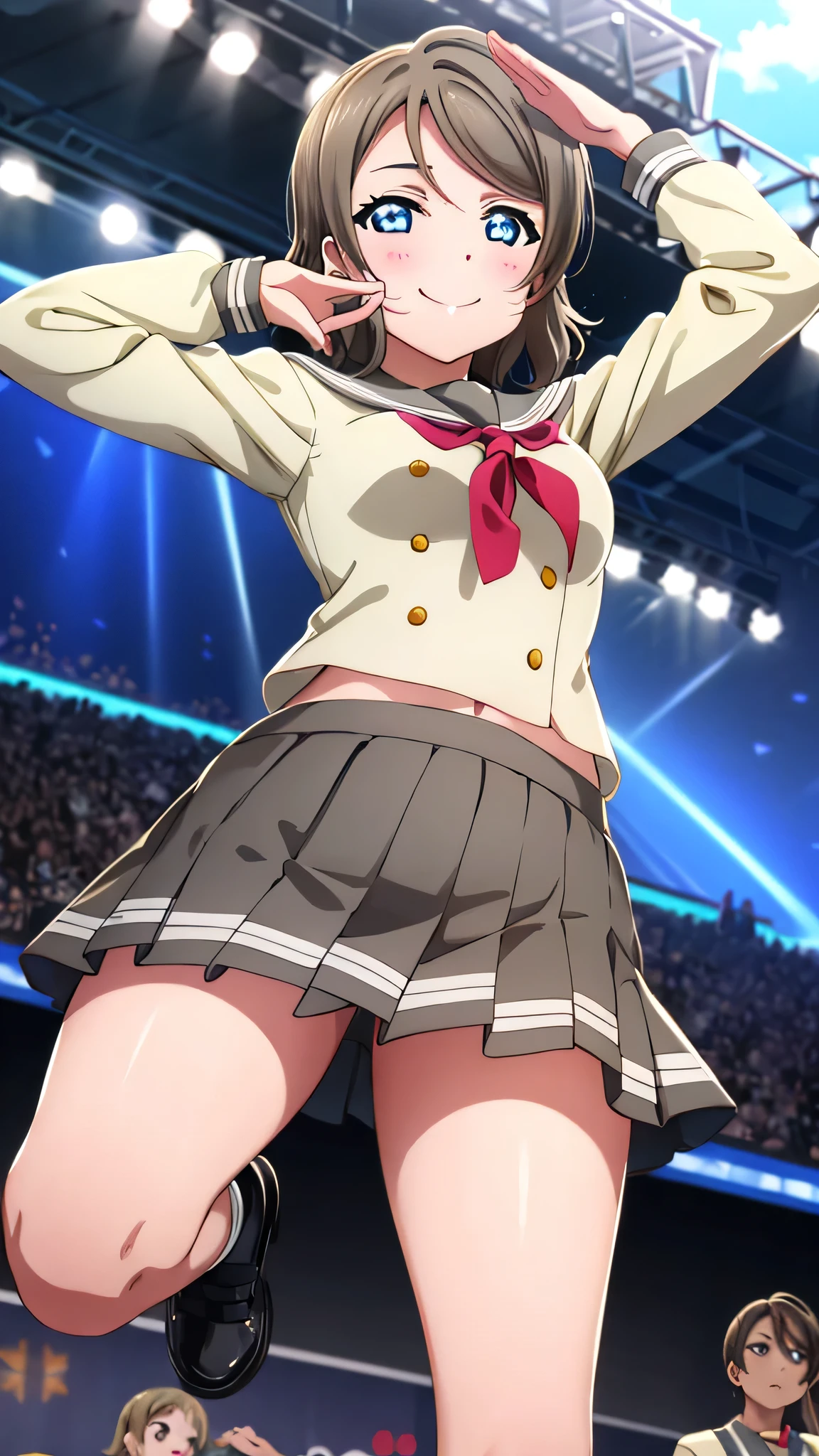  {{{masterpiece}}}, {{{best quality}}}, {{ultra-detailed}}, {illustration}, {{an extremely delicate and beautiful}}, 8k, NSFW, {{watanabe you}}, love live! school idol project, {{love live! sunshine!!}},light brown hair, blue eyes, slender, middle breasts, , {{{uranohoshi school uniform}}}, {white serafuku}, {{gray collar}}, {gray skirt}, red ribbon, ribbon tie, black socks, BREAK, one hand Salute, smiling, flushed cheeks, standing, posing, open legs, peer in from below, outdoor,sky, daytime, on stage, crowd of people