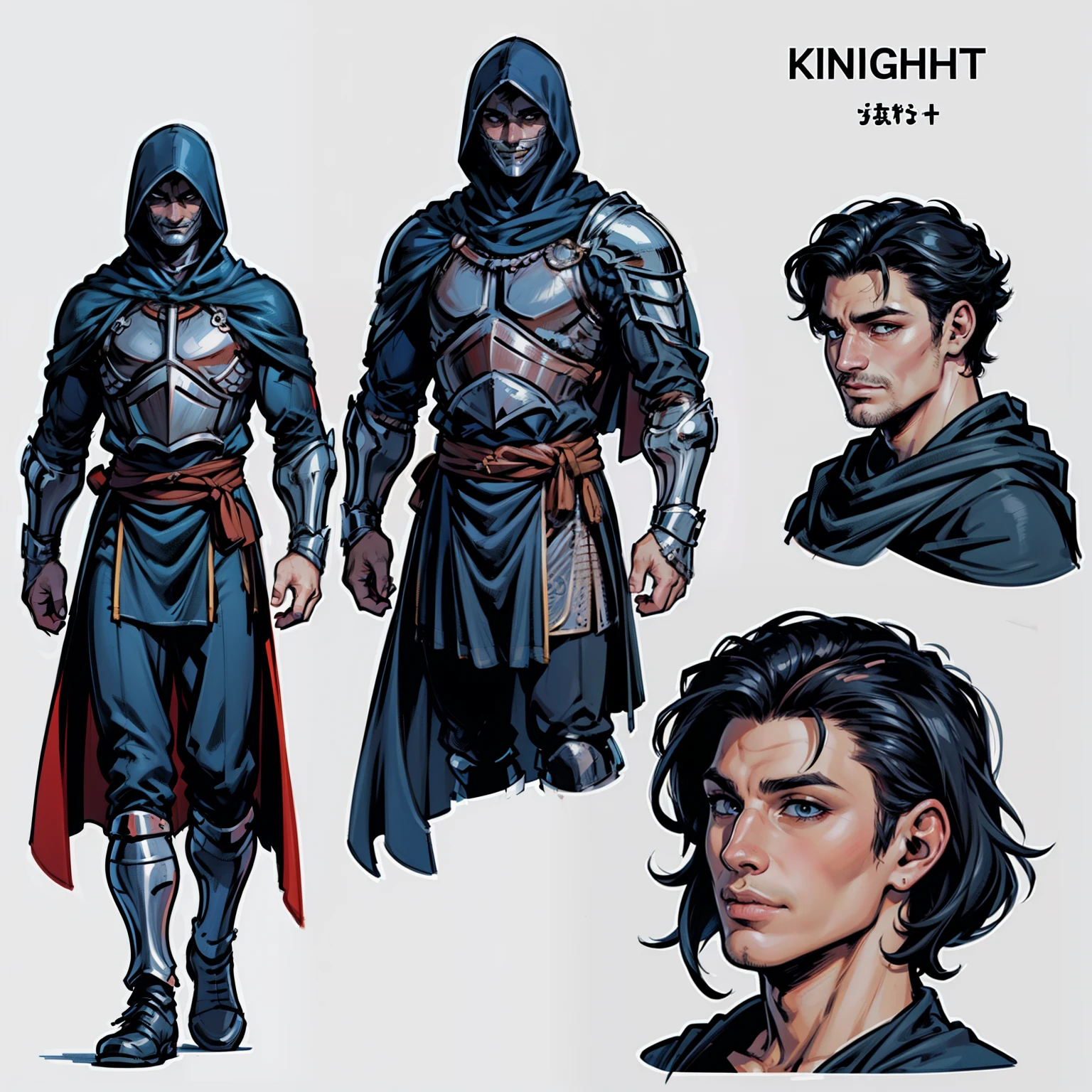(Best quality, High quality), (Vues multiples)++, (reference sheet)+, 1man, aesthetic knight face, male warrior, white background, do not crop the character on the canvas, character in the center of the canvas, no sash, No hood, no mask, no cape
