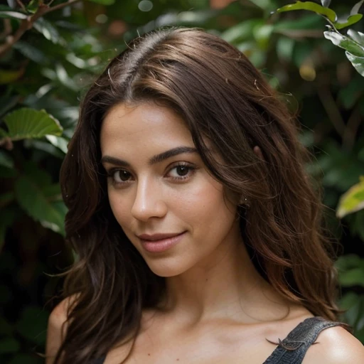 1 very beautiful adult woman, hispanique , cheveux longs, curly hair, couleur de cheveux noirs, peau douce, yeux marrons, sourire, photo de profil Instagram ,vegetation, Occasionnel, vêtements de style femme, dans des endroits différents,Realistic, 8k super Realistic, super detalhado e Realistic