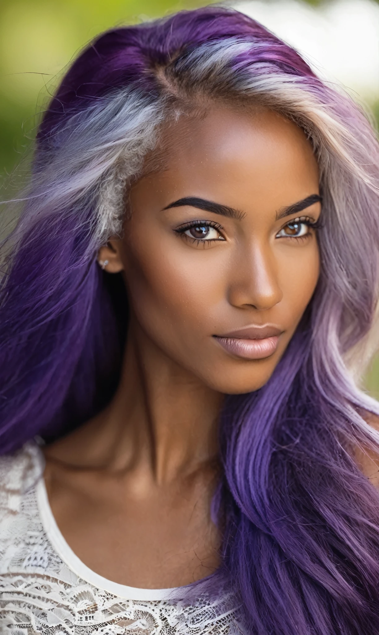 25 years of woman of mixedd race Polish and Zimbabwe nations. She has a long purpleblondd hair