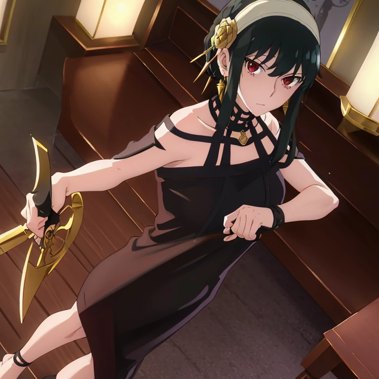 Yor Forger, dress, holding, black dress, black hair, weapon, barefeet, bare legs, red eyes, two-sided fabric, hairband, gloves, breasts, hair ornament, flower, two-sided dress, dagger, fingerless gloves, black gloves, sidelocks, knife, looking at viewer, hair flower, rose, bare shoulders, holding dagger, standing, long hair, gold hairband, rose print, earrings, sleeveless, short hair with long locks, jewelry, closed mouth, bangs, sleeveless dress, 1girl, surprised, collarbone, off shoulder, white hairband, bare shoulders, indoors, gold earrings, sweat, breasts, Exquisite visuals, high-definition, masterpiece, best quality, high-definition,masterpiece, best quality, 18yo, Young female, Beautiful Fingers, Beautiful long legs, Beautiful body, Beautiful character design, standing, upper body, half body,