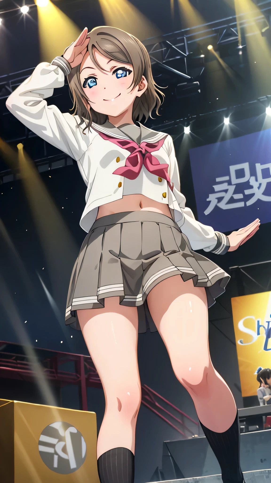  {{{masterpiece}}}, {{{best quality}}}, {{ultra-detailed}}, {illustration}, {{an extremely delicate and beautiful}}, 8k, NSFW, {{watanabe you}}, love live! school idol project, {{love live! sunshine!!}},light brown hair, blue eyes, slender, middle breasts, , {{{uranohoshi school uniform}}}, {white serafuku}, {{gray collar}}, {gray skirt}, {{{red ribbon tie}}}, black socks, BREAK, salute, smiling, flushed cheeks, standing, posing, open legs, peer in from below, outdoor,sky, daytime, on stage, crowd of people